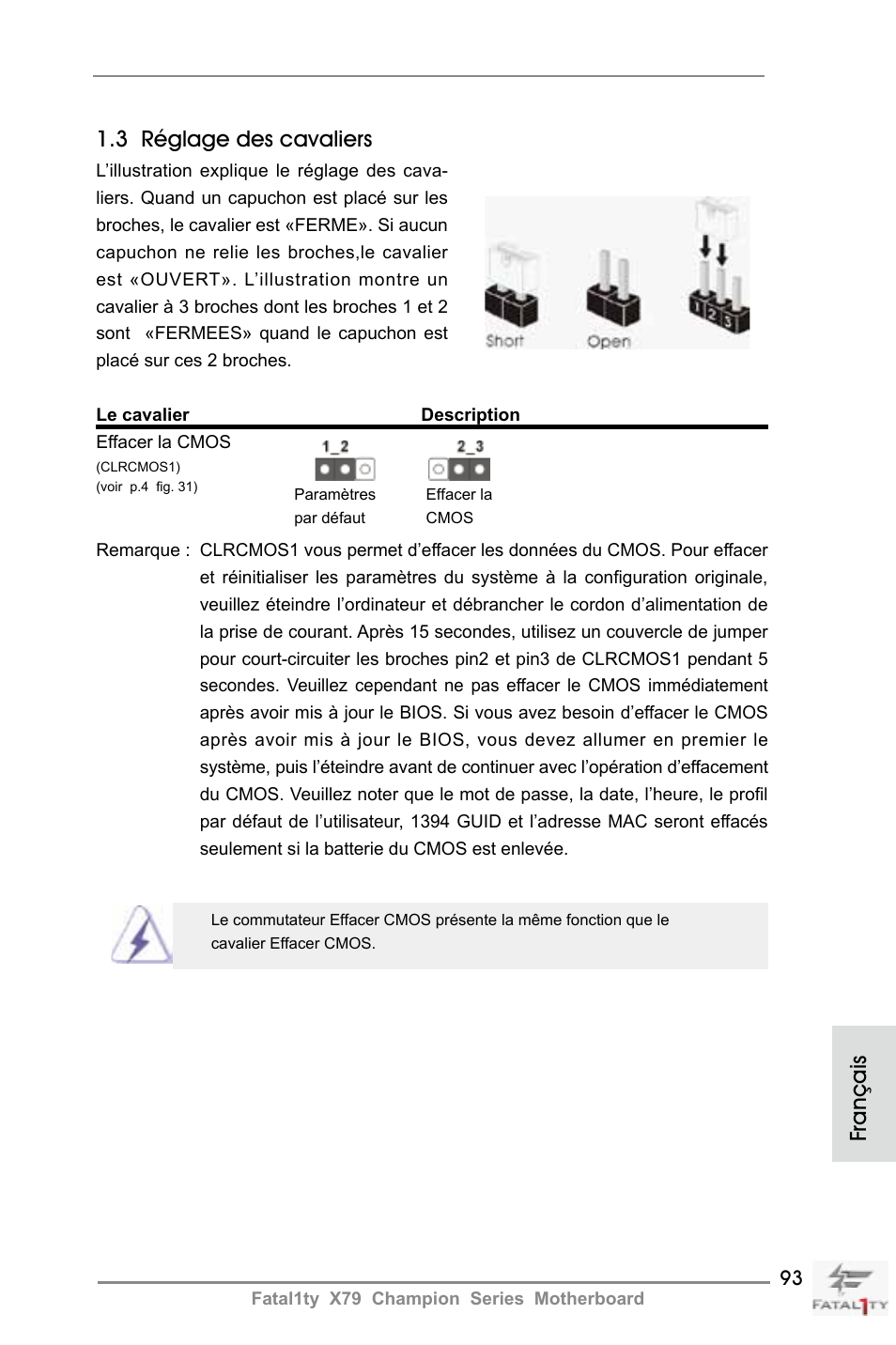 3 réglage des cavaliers, Français | ASRock Fatal1ty X79 Champion User Manual | Page 93 / 265