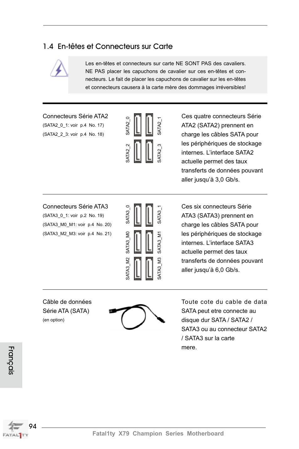 4 en-têtes et connecteurs sur carte, Français | ASRock Fatal1ty X79 Champion User Manual | Page 94 / 265
