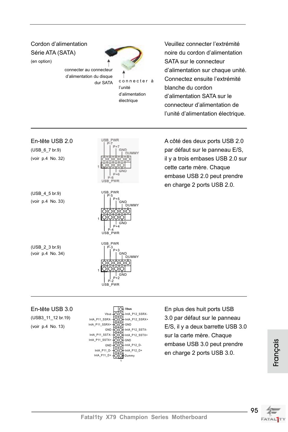 Français, En-tête usb 2.0 a côté des deux ports usb 2.0, Par défaut sur le panneau e/s | En-tête usb 3.0 en plus des huit ports usb, 0 par défaut sur le panneau | ASRock Fatal1ty X79 Champion User Manual | Page 95 / 265