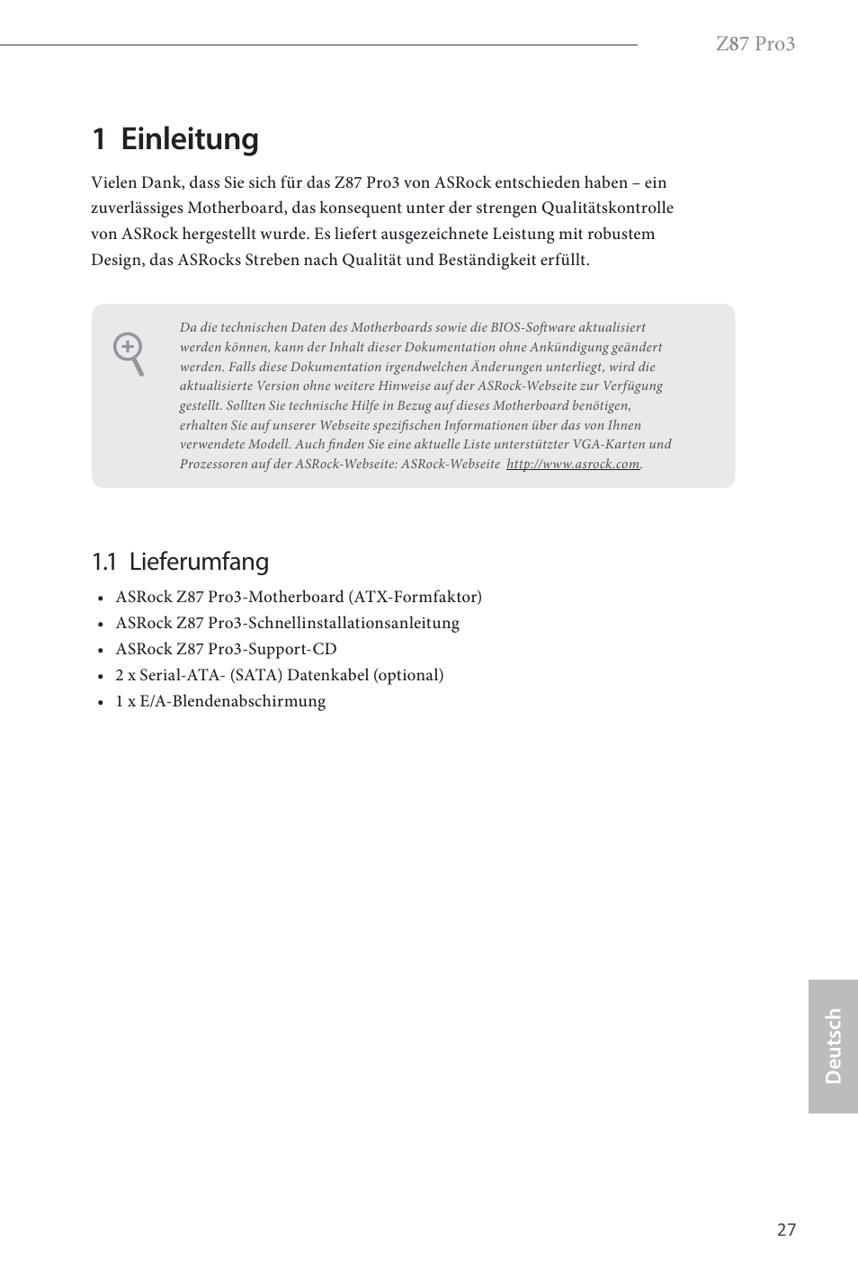 German, 1 einleitung, 1 lieferumfang | ASRock Z87 Pro3 User Manual | Page 29 / 150
