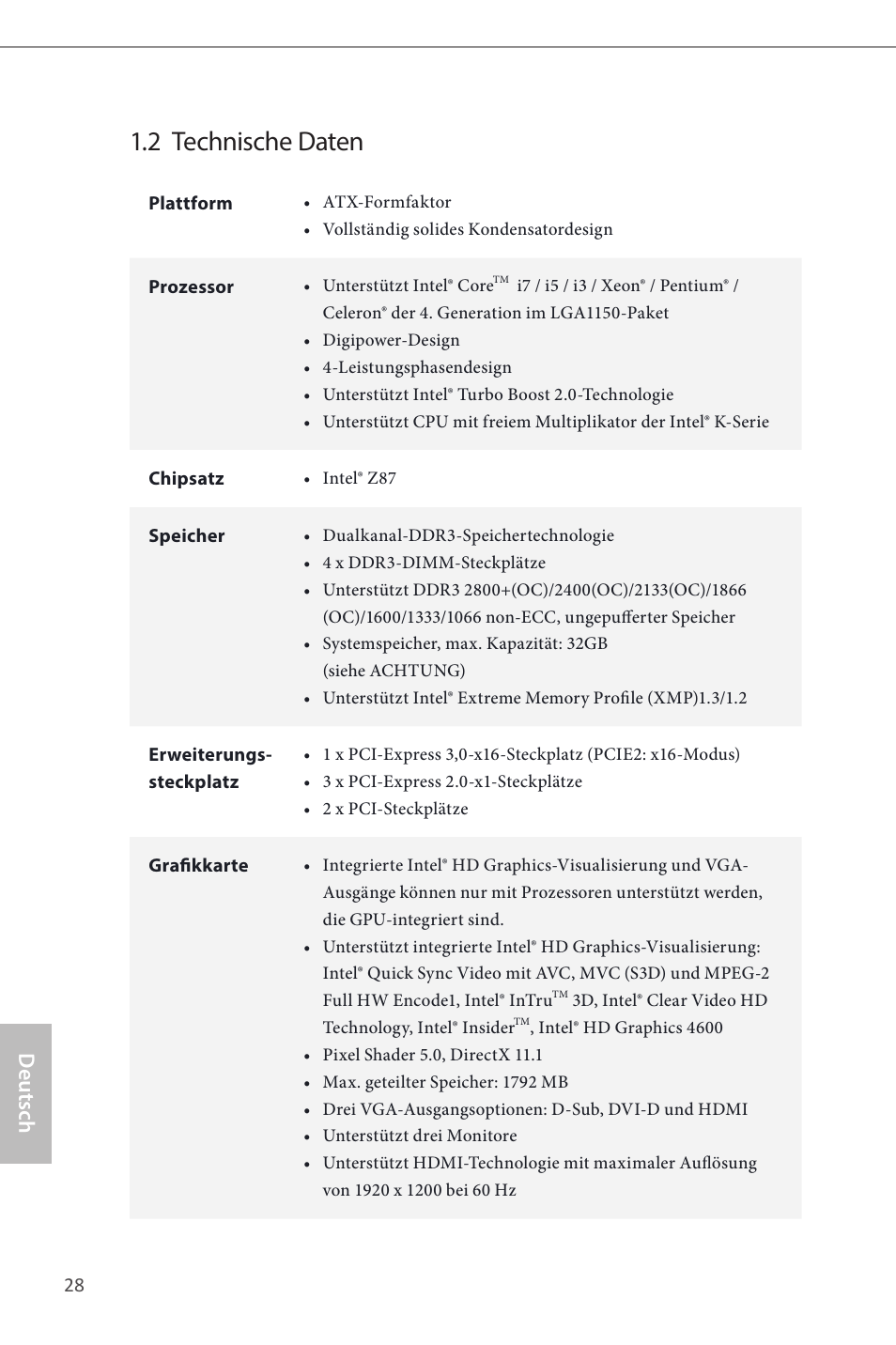 2 technische daten, Deutsch | ASRock Z87 Pro3 User Manual | Page 30 / 150