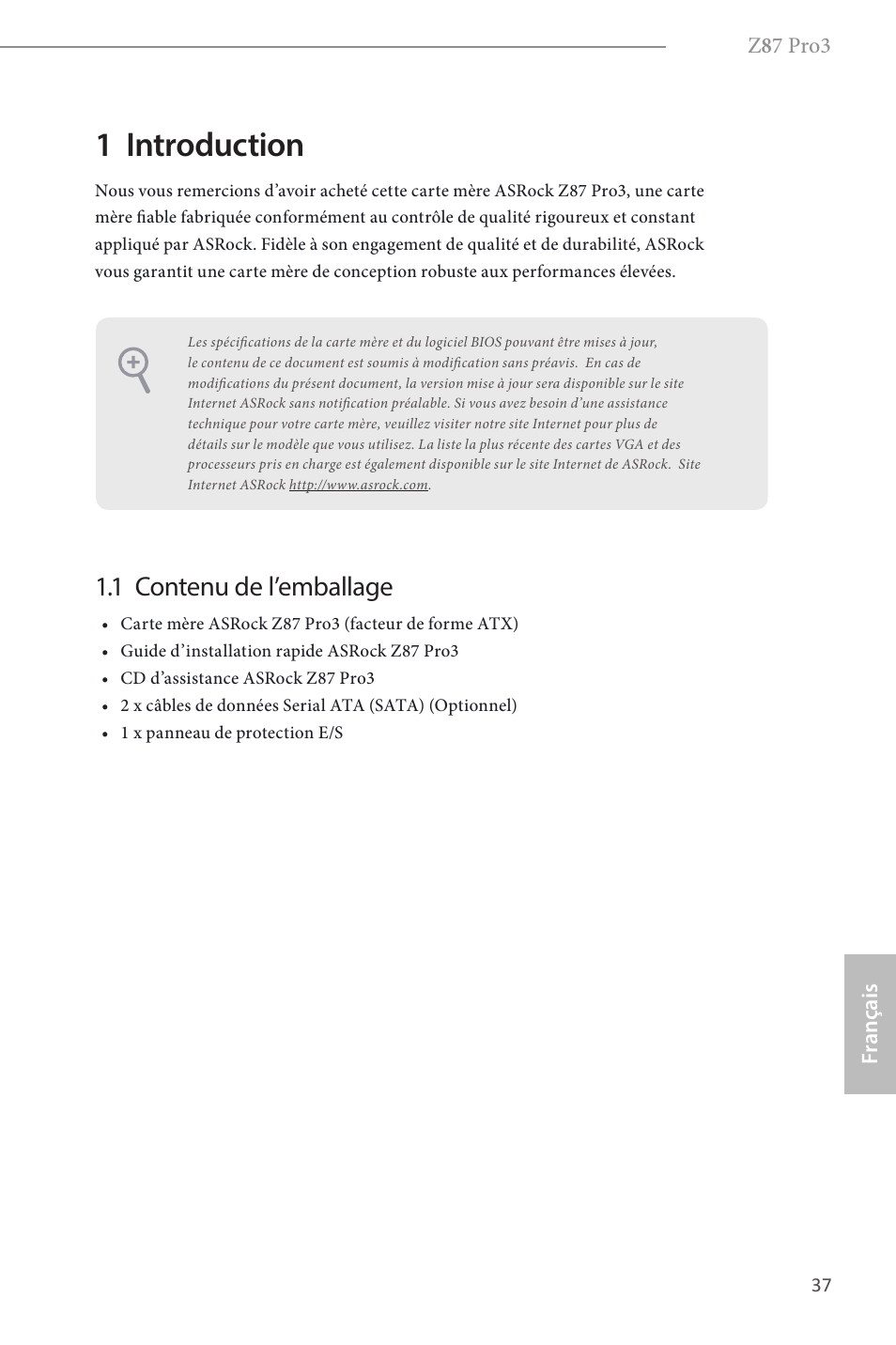 French, 1 introduction, 1 contenu de l’emballage | ASRock Z87 Pro3 User Manual | Page 39 / 150