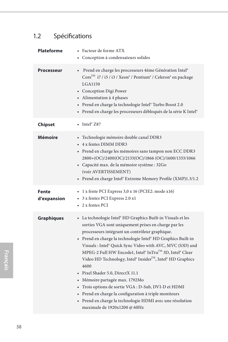 2 spécifications, Français | ASRock Z87 Pro3 User Manual | Page 40 / 150