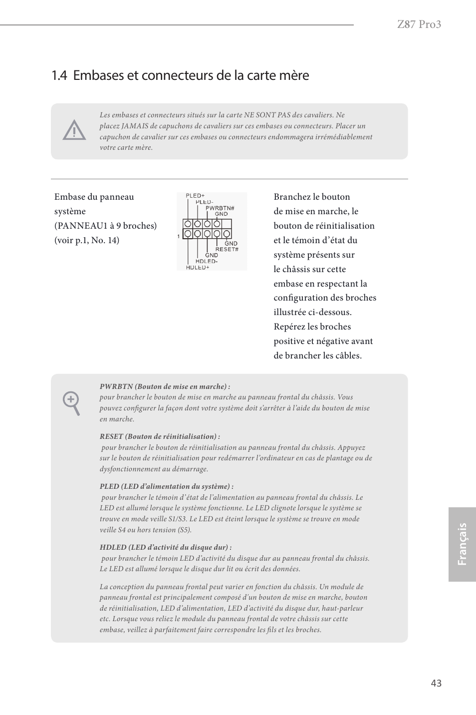 4 embases et connecteurs de la carte mère, Z 8 7 pro3, Fr ançais | ASRock Z87 Pro3 User Manual | Page 45 / 150