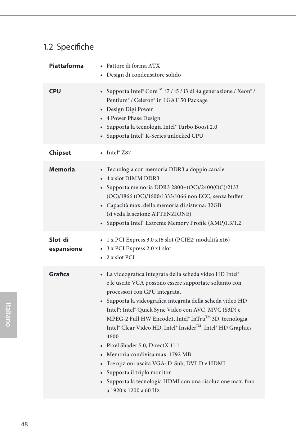 2 specifiche, Italiano | ASRock Z87 Pro3 User Manual | Page 50 / 150