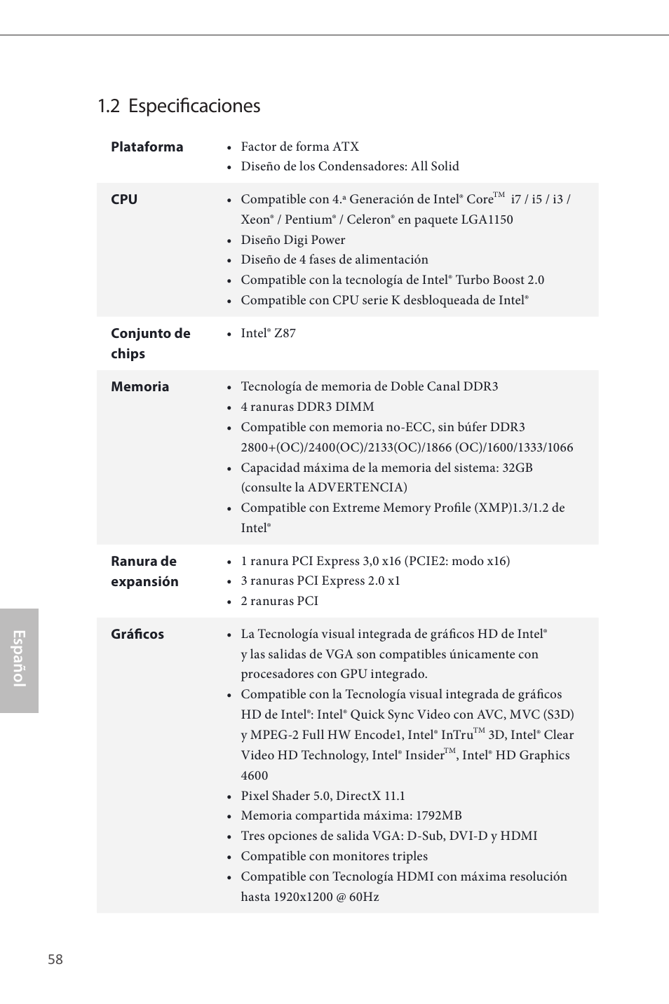 2 especificaciones, Español | ASRock Z87 Pro3 User Manual | Page 60 / 150