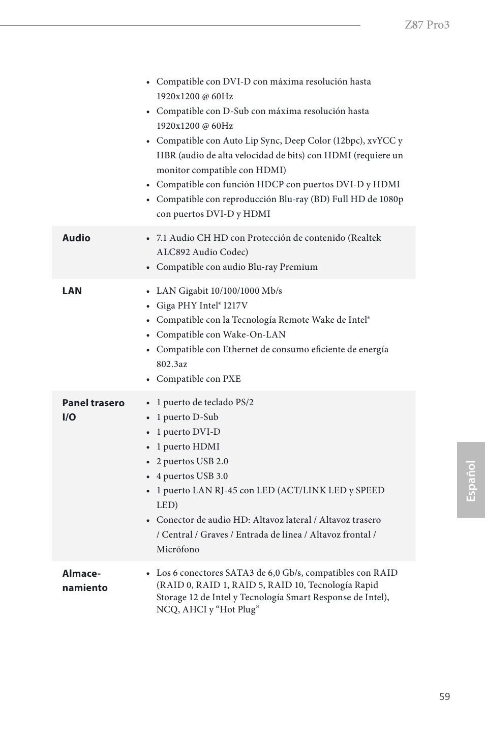 Z 8 7 pro3, Español | ASRock Z87 Pro3 User Manual | Page 61 / 150