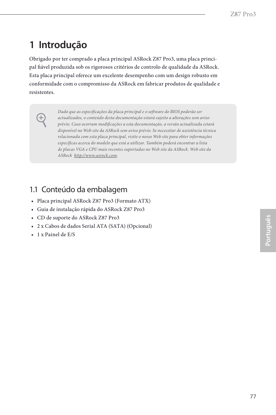 Portuguese, 1 introdução, 1 conteúdo da embalagem | ASRock Z87 Pro3 User Manual | Page 79 / 150