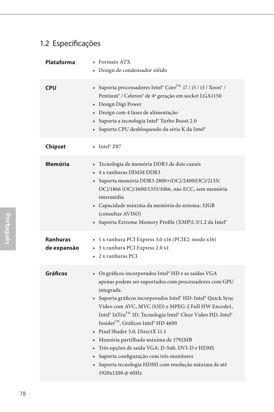 2 especificações, Por tuguês | ASRock Z87 Pro3 User Manual | Page 80 / 150