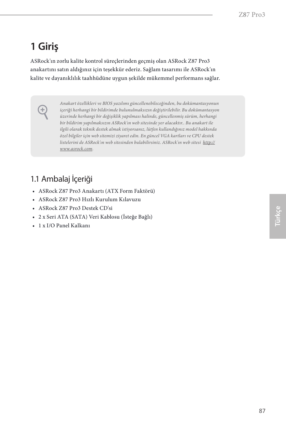 Turkish, 1 giriş, 1 ambalaj içeriği | ASRock Z87 Pro3 User Manual | Page 89 / 150