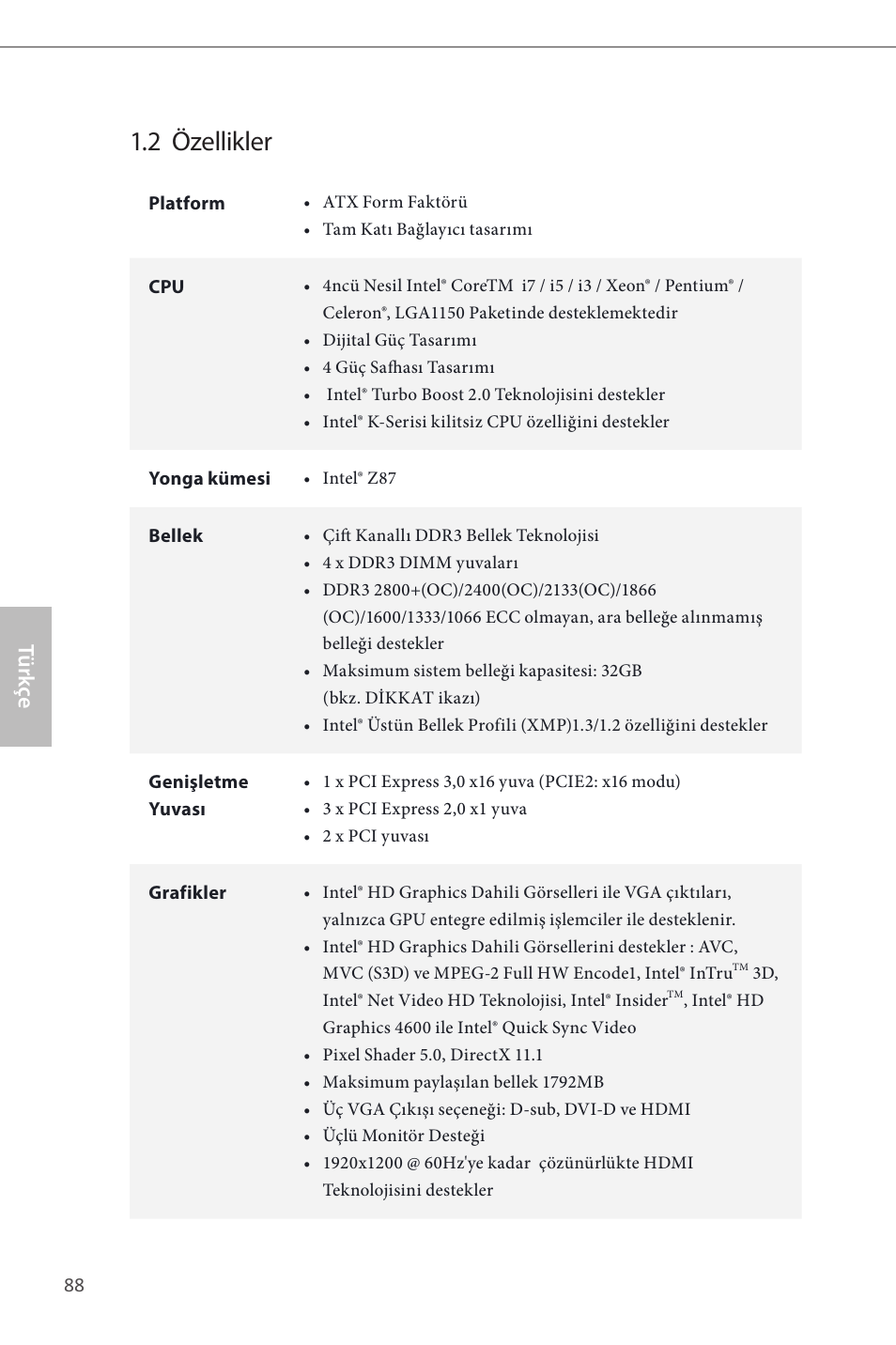2 özellikler, Türk çe | ASRock Z87 Pro3 User Manual | Page 90 / 150