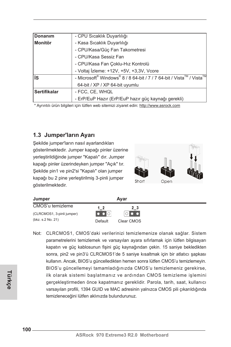 3 jumper'ların ayarı, Türkçe | ASRock 970 Extreme3 R2.0 User Manual | Page 100 / 158