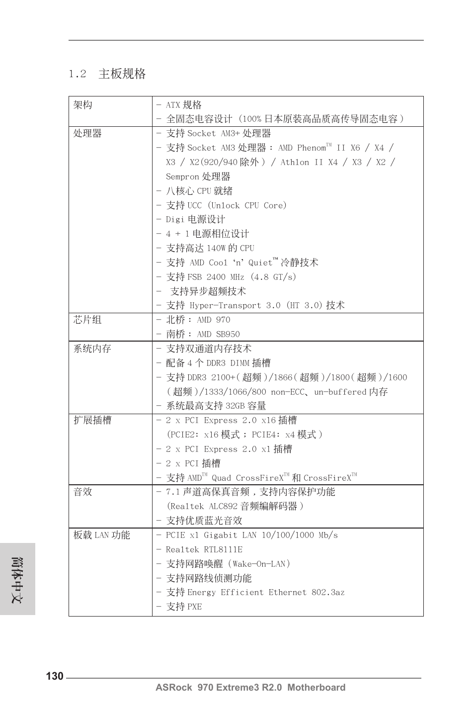 2 主板規格, 簡體中文 | ASRock 970 Extreme3 R2.0 User Manual | Page 130 / 158
