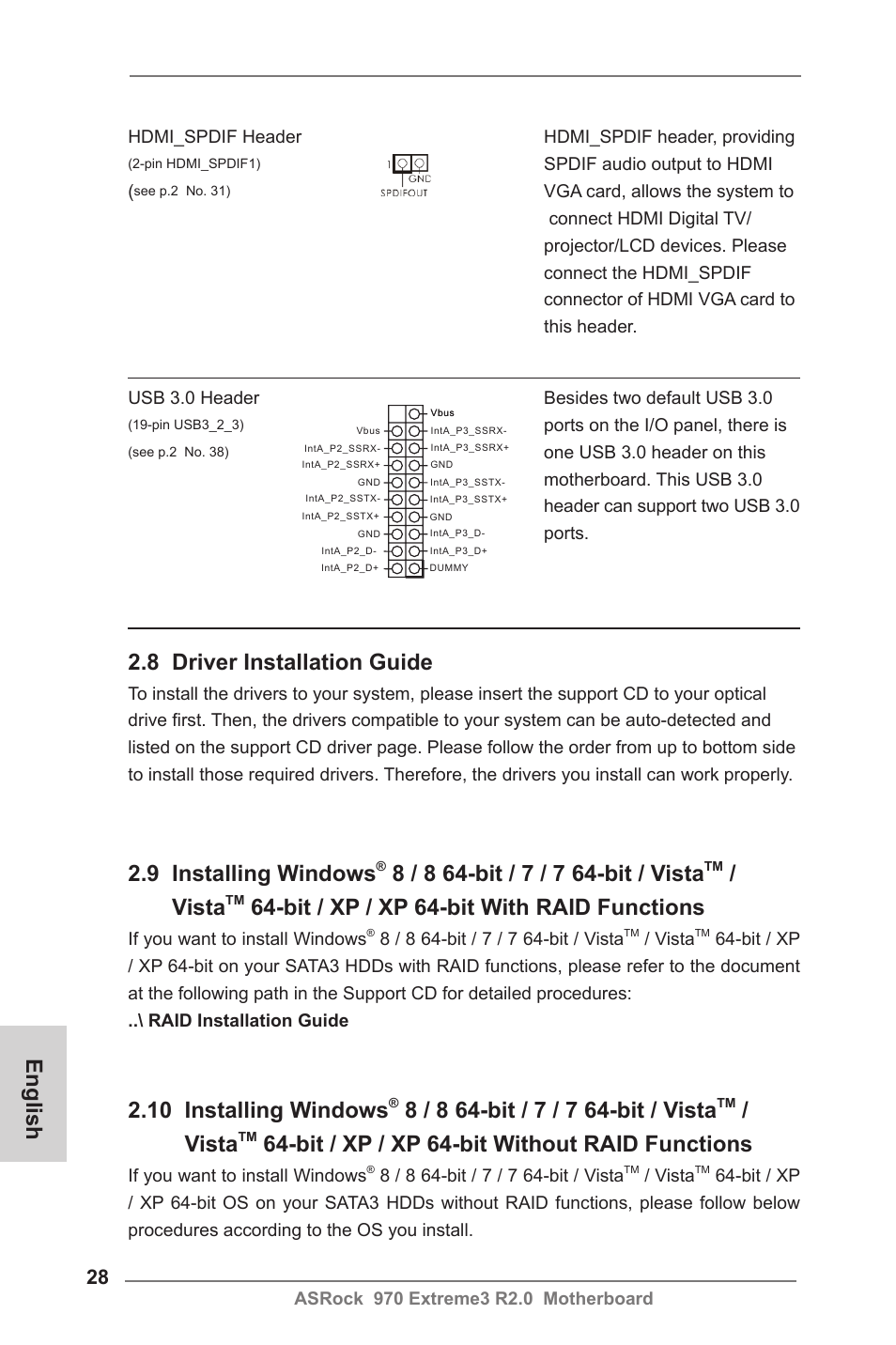 English, 8 driver installation guide, 9 installing windows | Vista, Bit / xp / xp 64-bit with raid functions, 10 installing windows, Bit / xp / xp 64-bit without raid functions | ASRock 970 Extreme3 R2.0 User Manual | Page 28 / 158
