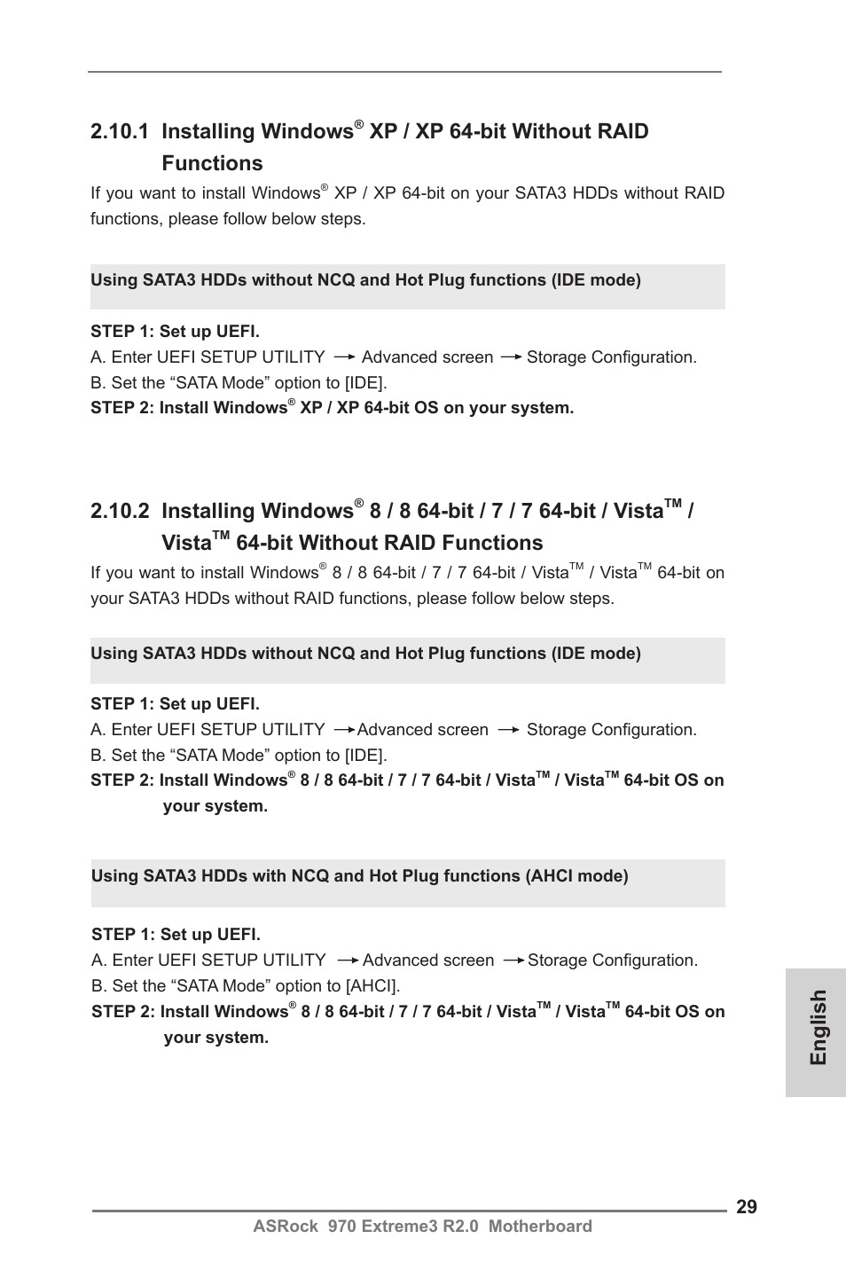 English, 1 installing windows, Xp / xp 64-bit without raid functions | 2 installing windows, Vista, Bit without raid functions | ASRock 970 Extreme3 R2.0 User Manual | Page 29 / 158