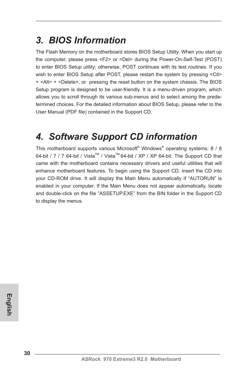 Bios information, Software support cd information, English | ASRock 970 Extreme3 R2.0 User Manual | Page 30 / 158