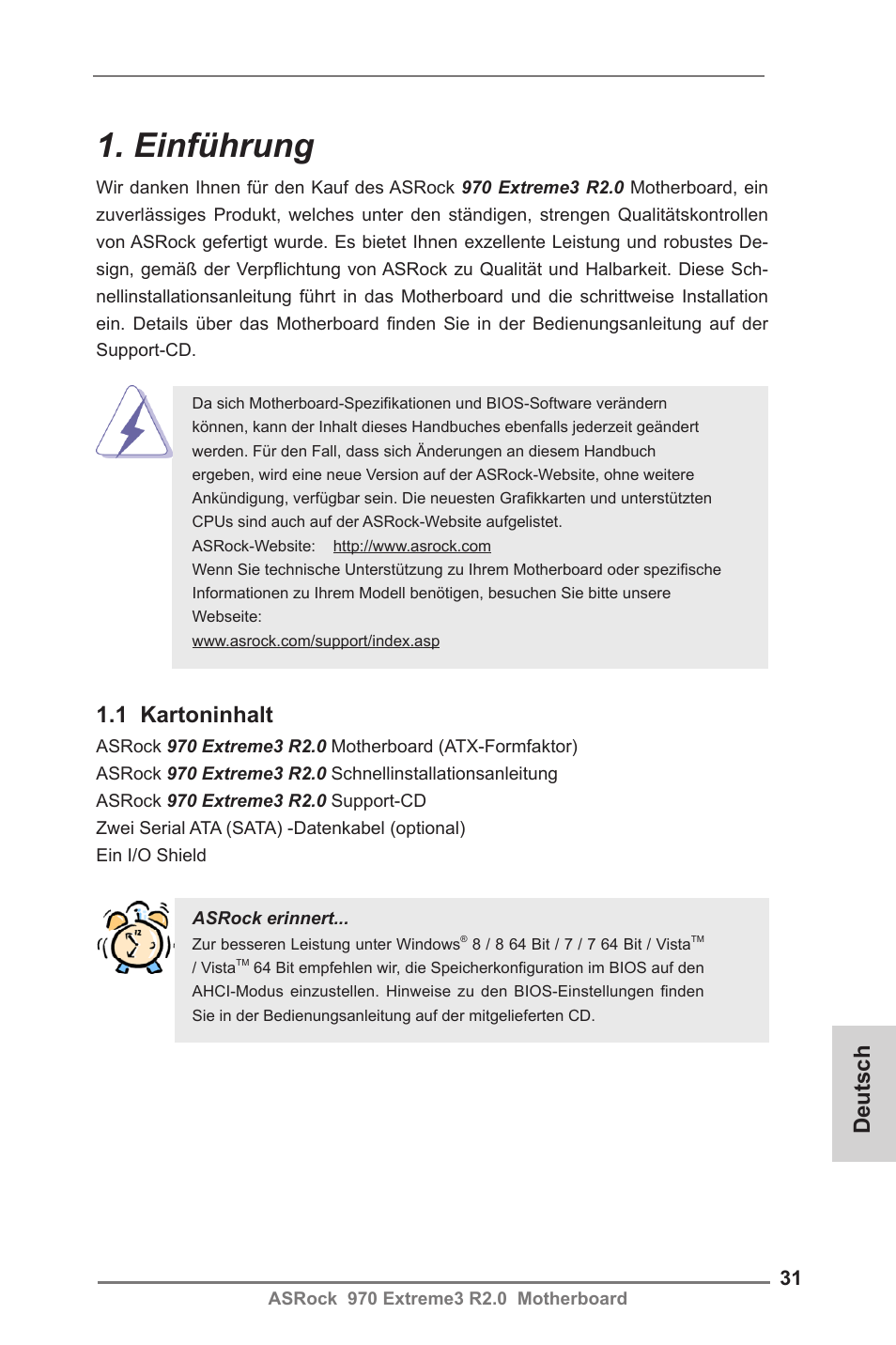 German, Einführung, Deutsch | 1 kartoninhalt | ASRock 970 Extreme3 R2.0 User Manual | Page 31 / 158