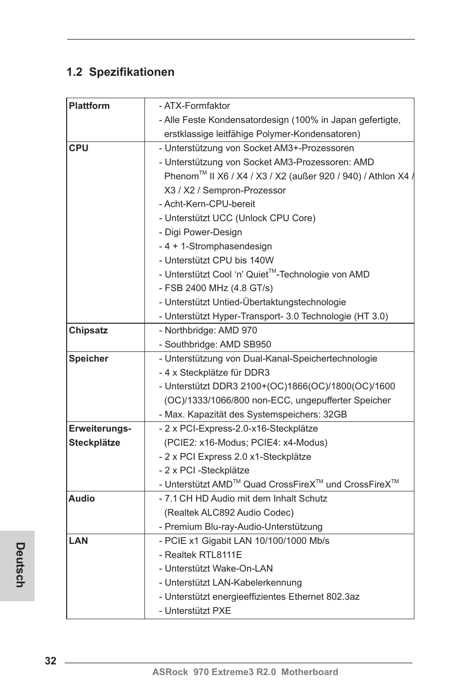 2 spezifikationen, Deutsch | ASRock 970 Extreme3 R2.0 User Manual | Page 32 / 158