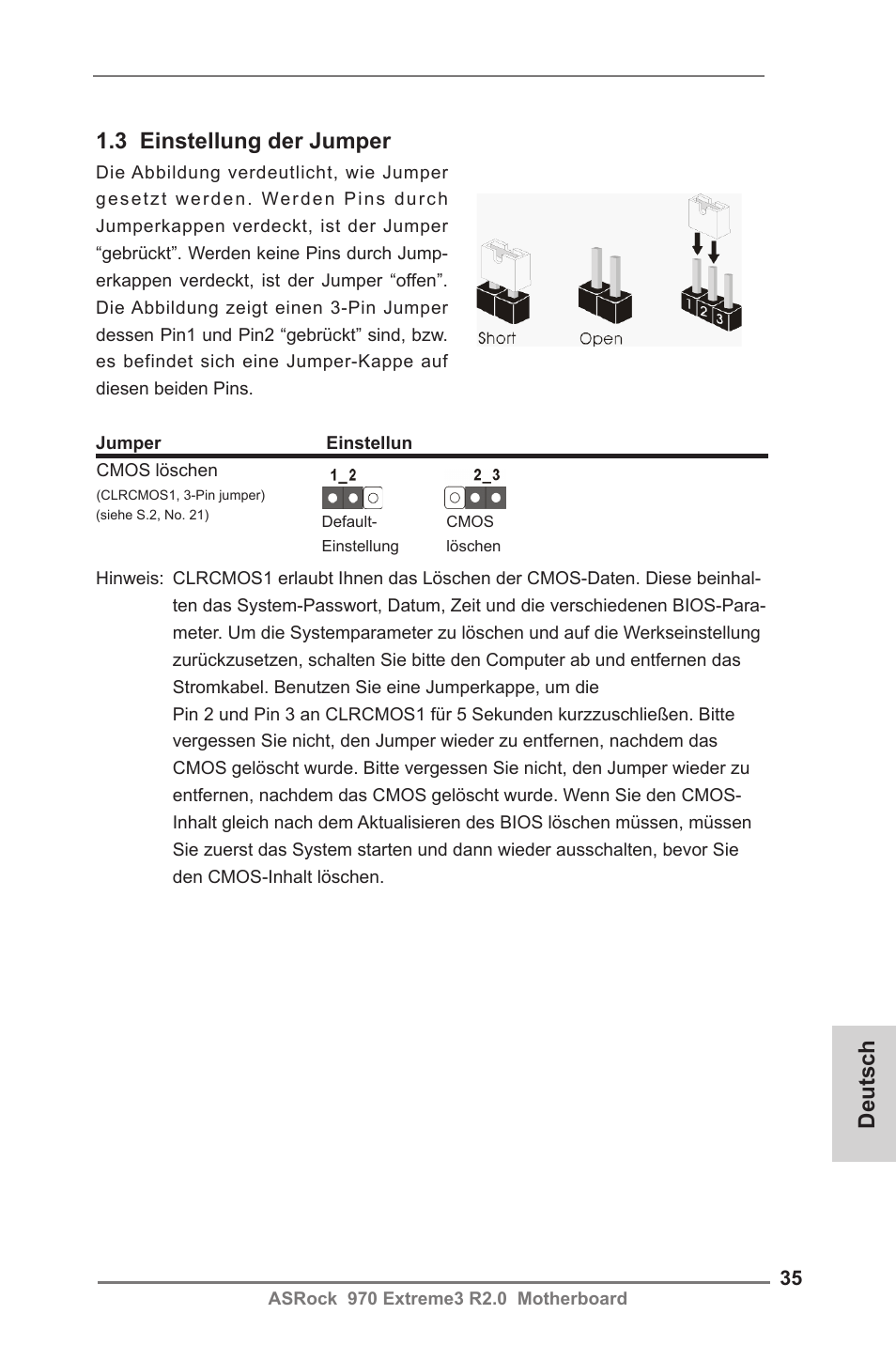 Deutsch 1.3 einstellung der jumper | ASRock 970 Extreme3 R2.0 User Manual | Page 35 / 158