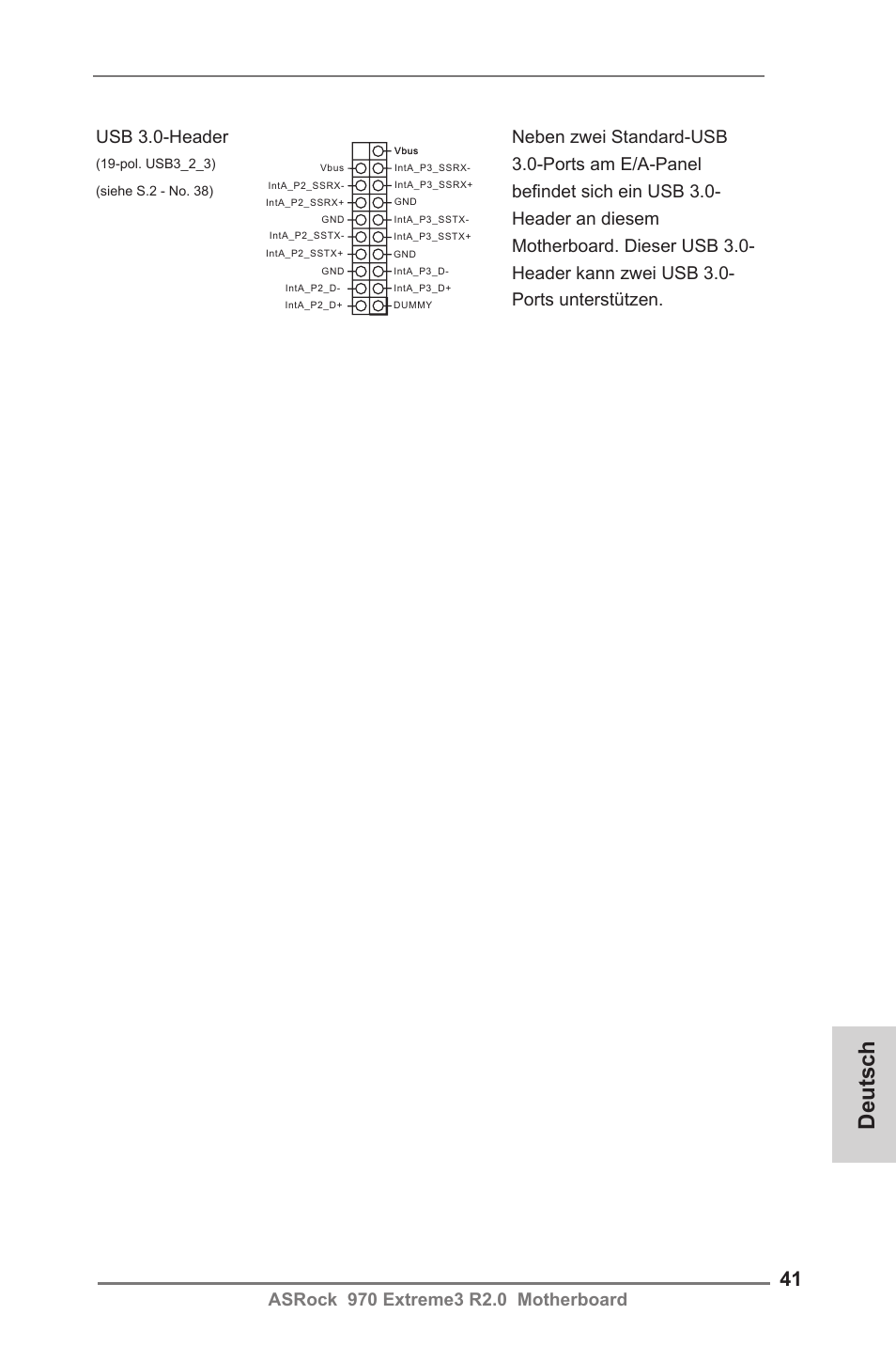 Deutsch, Usb 3.0-header neben zwei standard-usb, Ports am e/a-panel | ASRock 970 Extreme3 R2.0 User Manual | Page 41 / 158