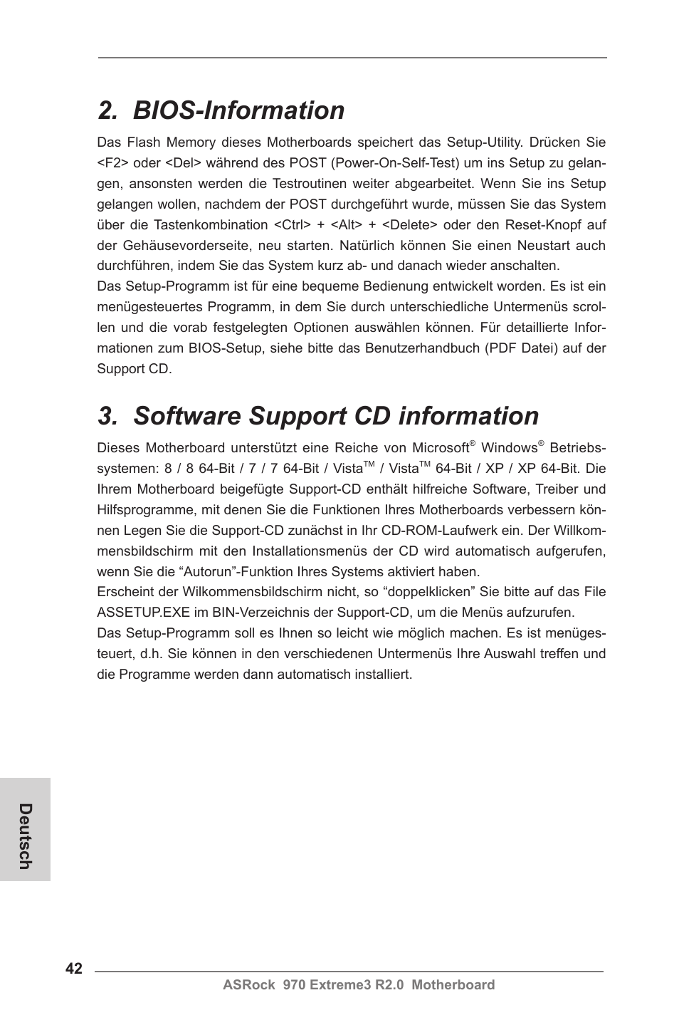 Bios-information, Software support cd information, Deutsch | ASRock 970 Extreme3 R2.0 User Manual | Page 42 / 158