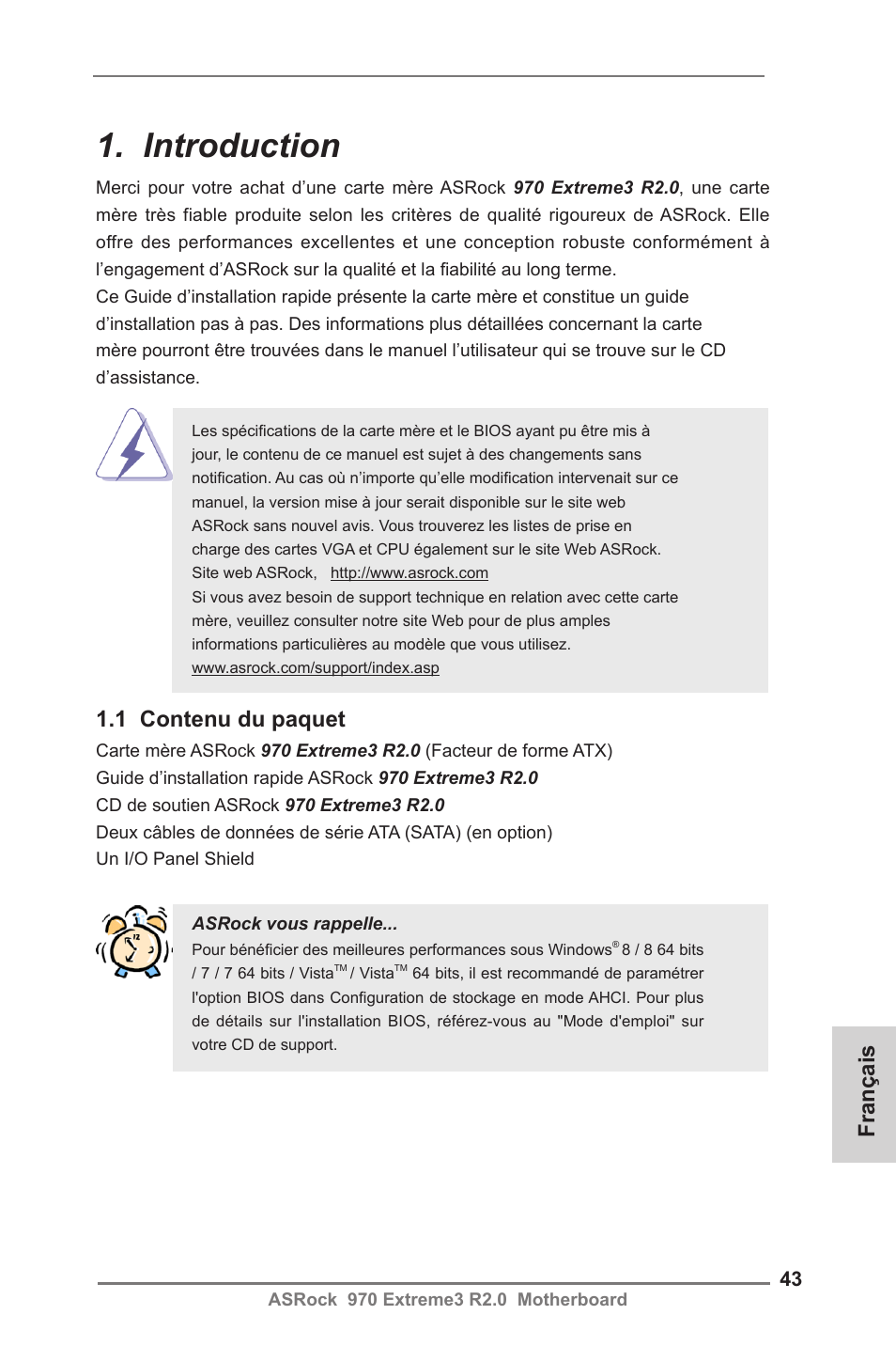 French, Introduction, 1 contenu du paquet | Français | ASRock 970 Extreme3 R2.0 User Manual | Page 43 / 158