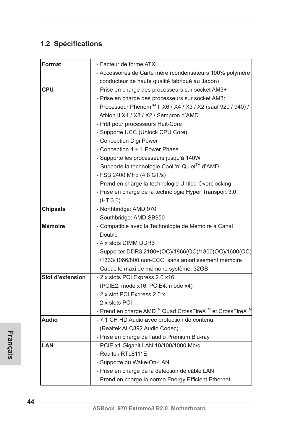 Français 1.2 spécifications | ASRock 970 Extreme3 R2.0 User Manual | Page 44 / 158