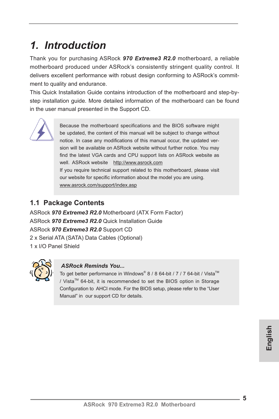 Introduction, English, 1 package contents | ASRock 970 Extreme3 R2.0 User Manual | Page 5 / 158