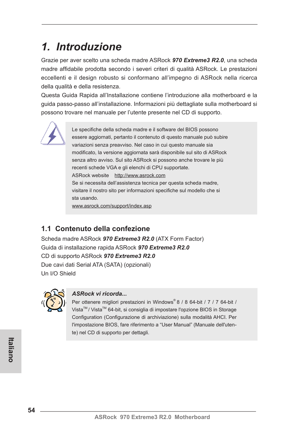 Italian, Introduzione, 1 contenuto della confezione | Italiano | ASRock 970 Extreme3 R2.0 User Manual | Page 54 / 158