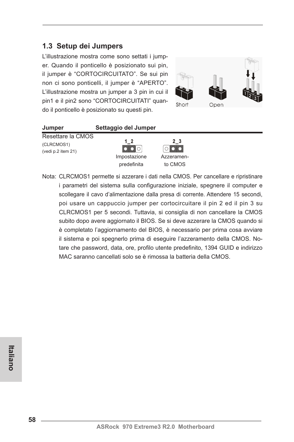 3 setup dei jumpers, Italiano | ASRock 970 Extreme3 R2.0 User Manual | Page 58 / 158