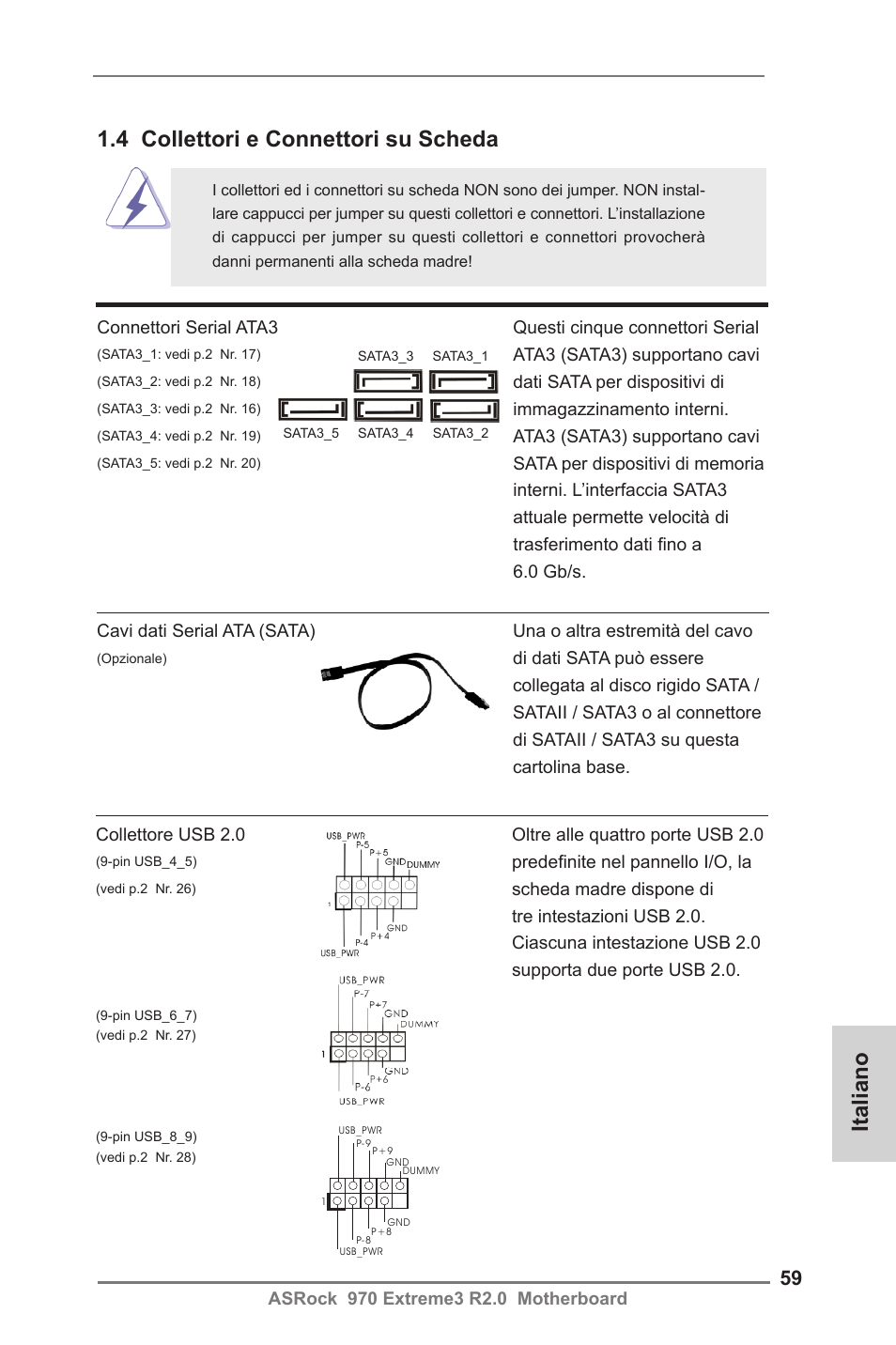 4 collettori e connettori su scheda, Italiano | ASRock 970 Extreme3 R2.0 User Manual | Page 59 / 158