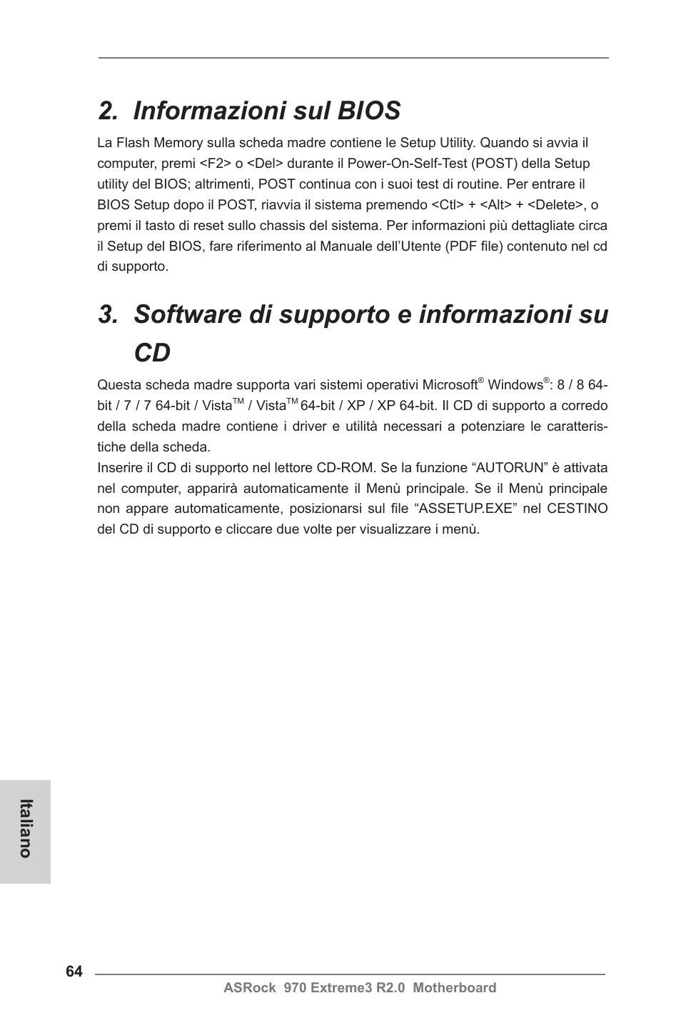 Informazioni sul bios, Software di supporto e informazioni su cd, Italiano | ASRock 970 Extreme3 R2.0 User Manual | Page 64 / 158