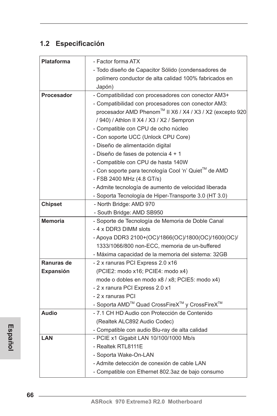 2 especificación, Español | ASRock 970 Extreme3 R2.0 User Manual | Page 66 / 158
