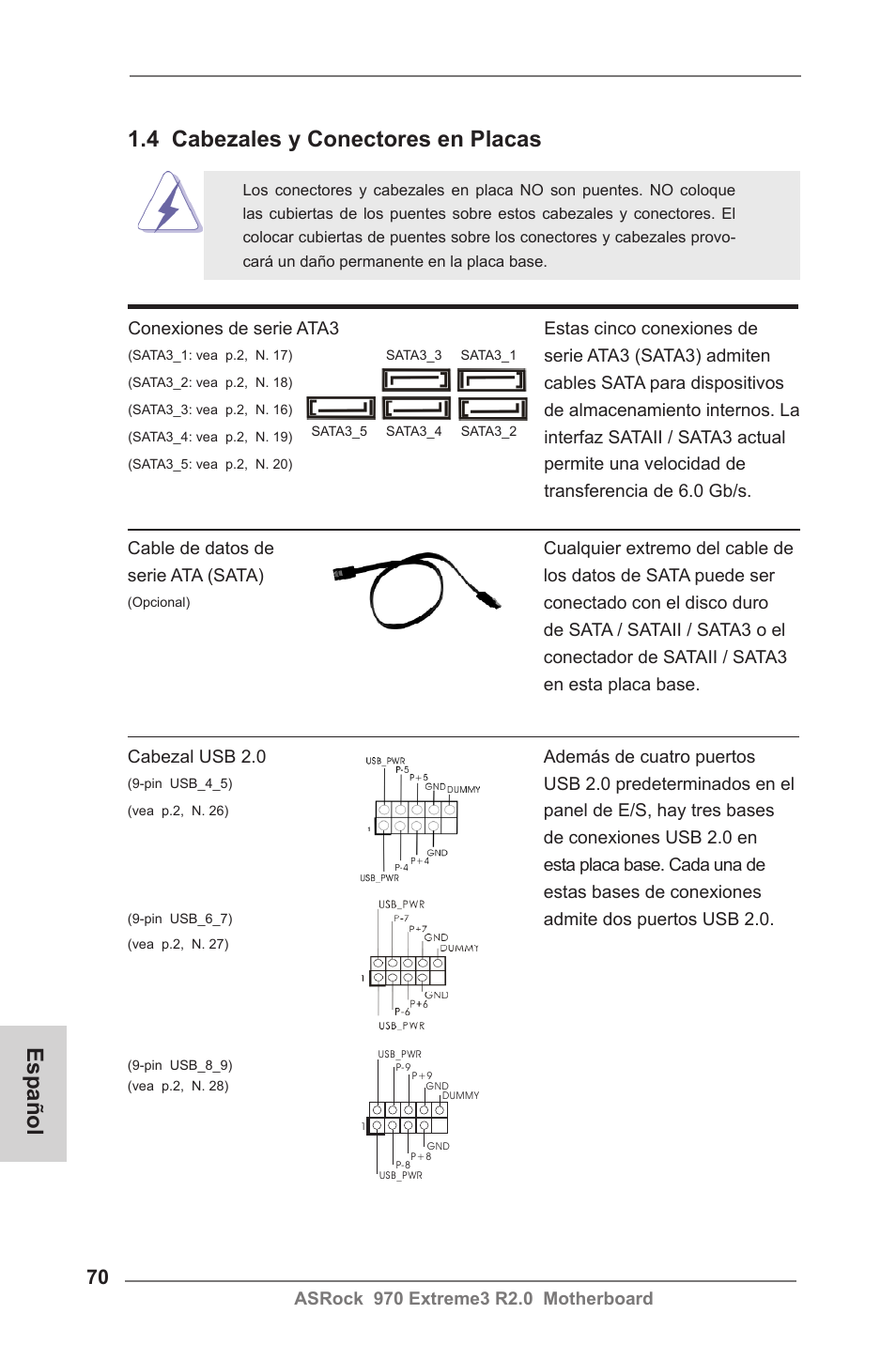 4 cabezales y conectores en placas, Español | ASRock 970 Extreme3 R2.0 User Manual | Page 70 / 158