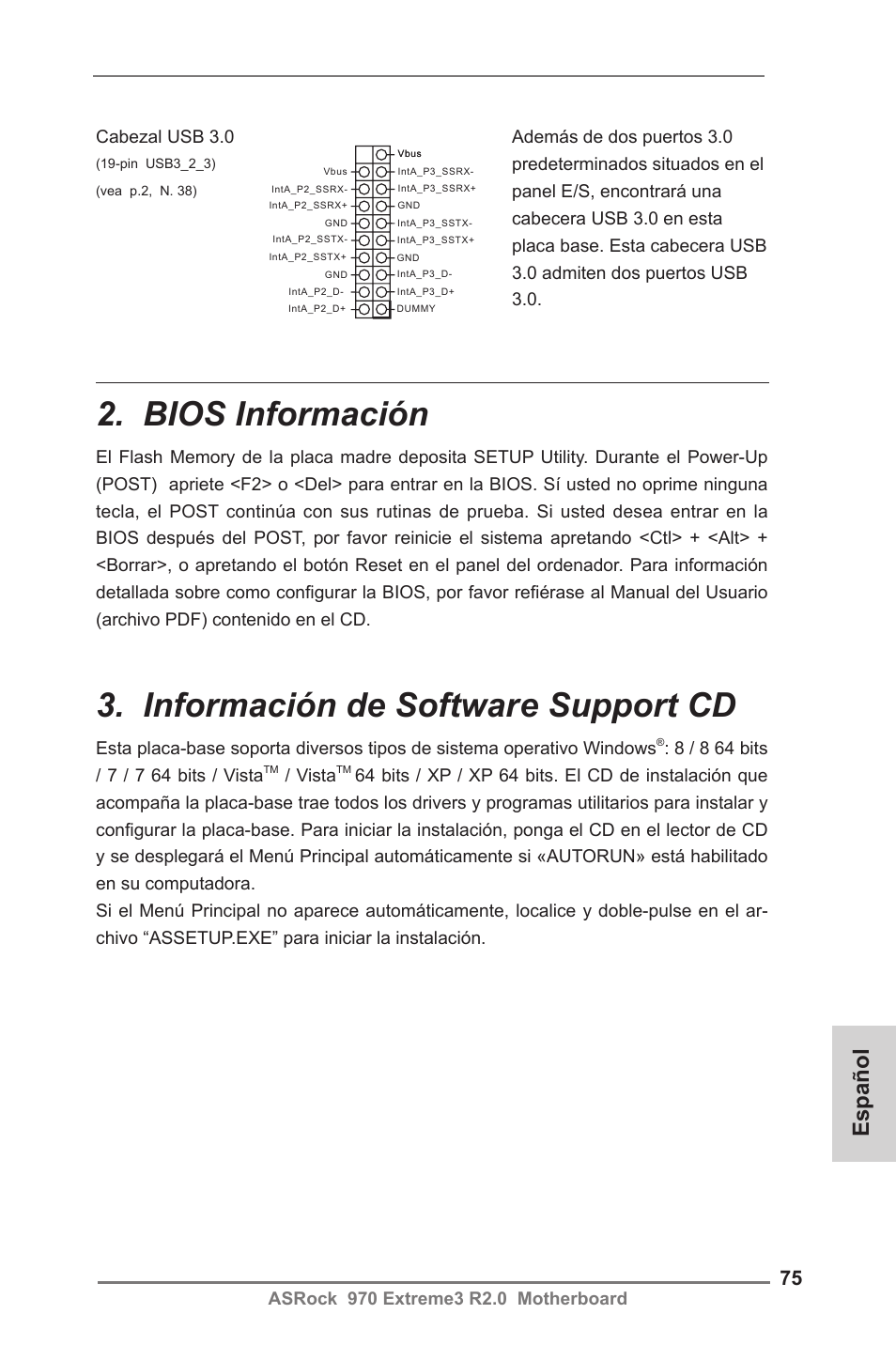 Bios información, Información de software support cd, Español | ASRock 970 Extreme3 R2.0 User Manual | Page 75 / 158