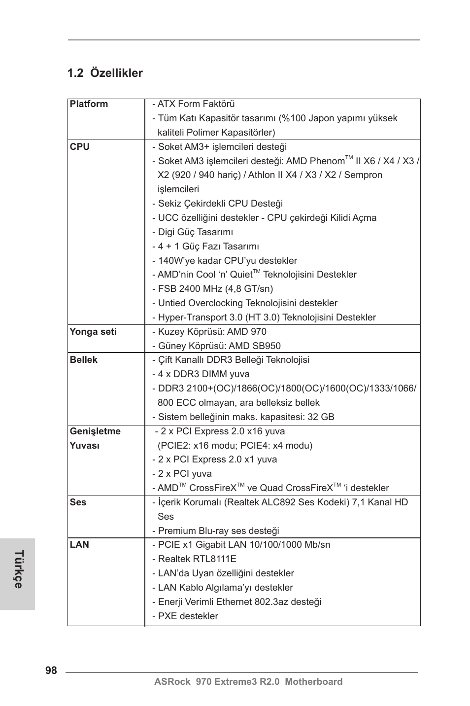 2 özellikler, Türkçe | ASRock 970 Extreme3 R2.0 User Manual | Page 98 / 158