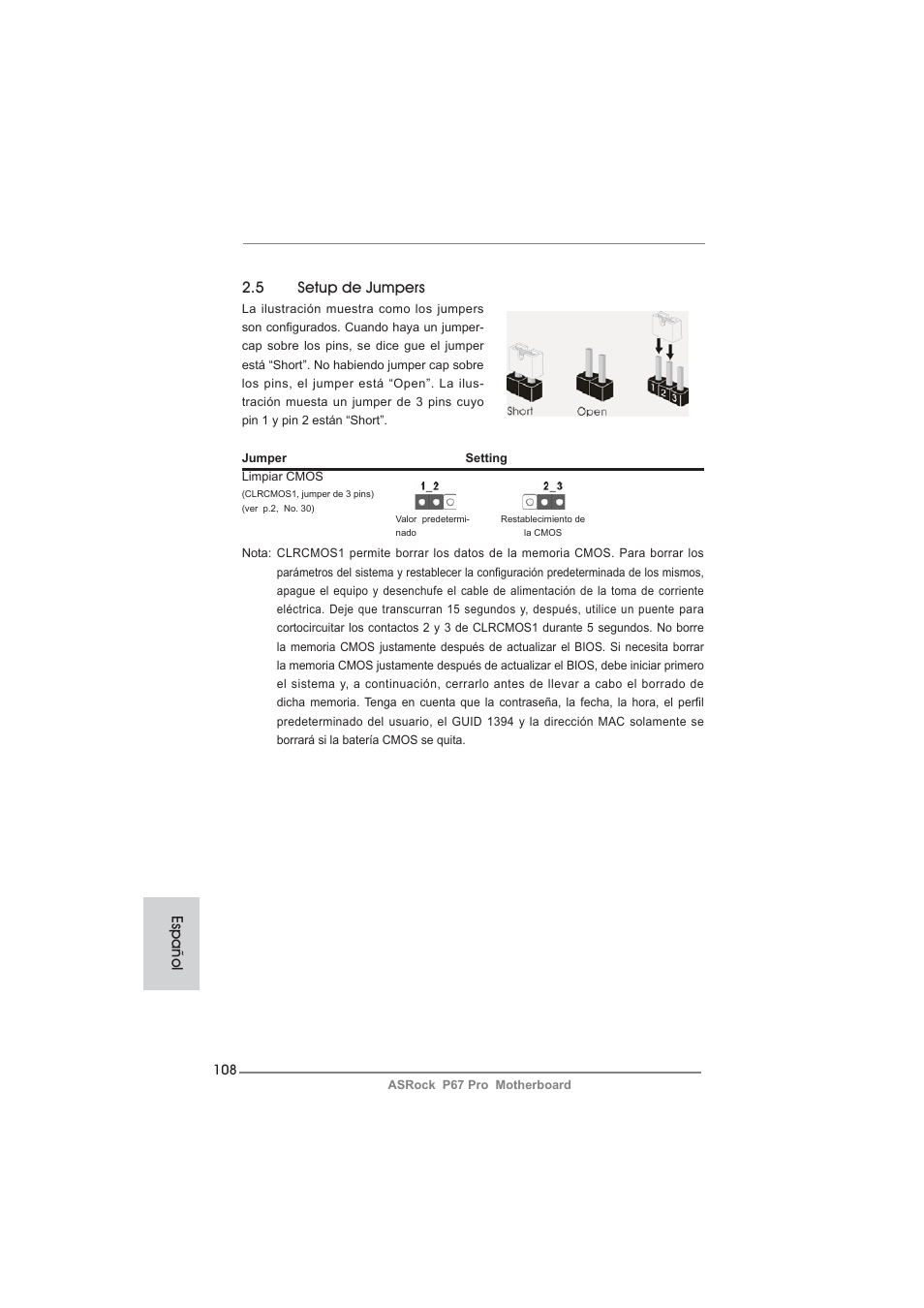 5 setup de jumpers, Español | ASRock P67 Pro User Manual | Page 108 / 245