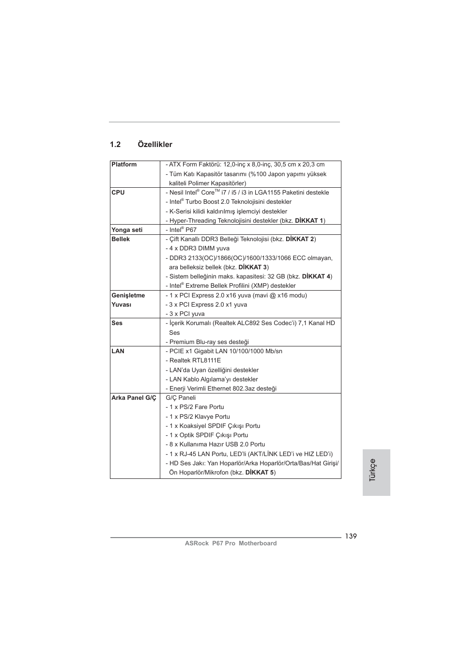 Türkçe 1.2 özellikler | ASRock P67 Pro User Manual | Page 139 / 245