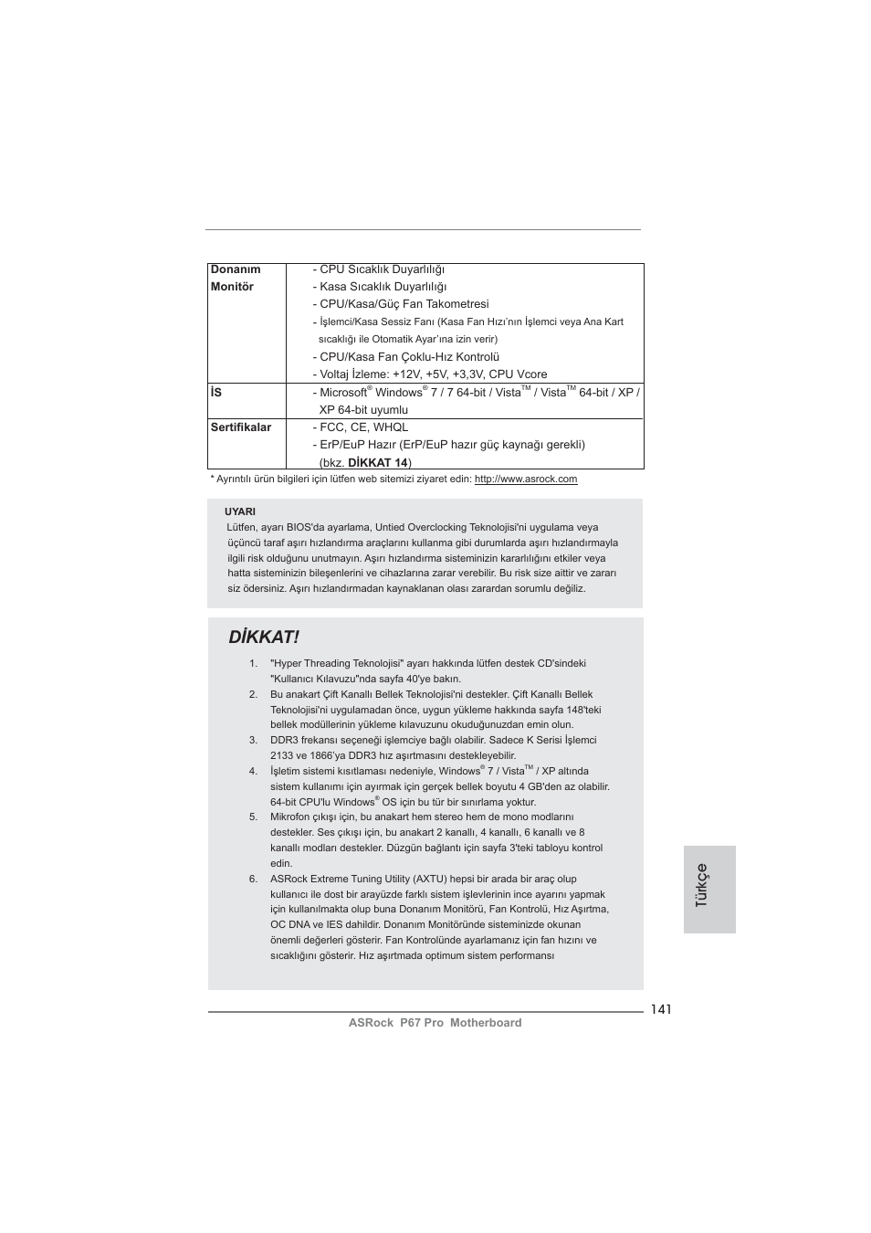 Dikkat, Türkçe | ASRock P67 Pro User Manual | Page 141 / 245