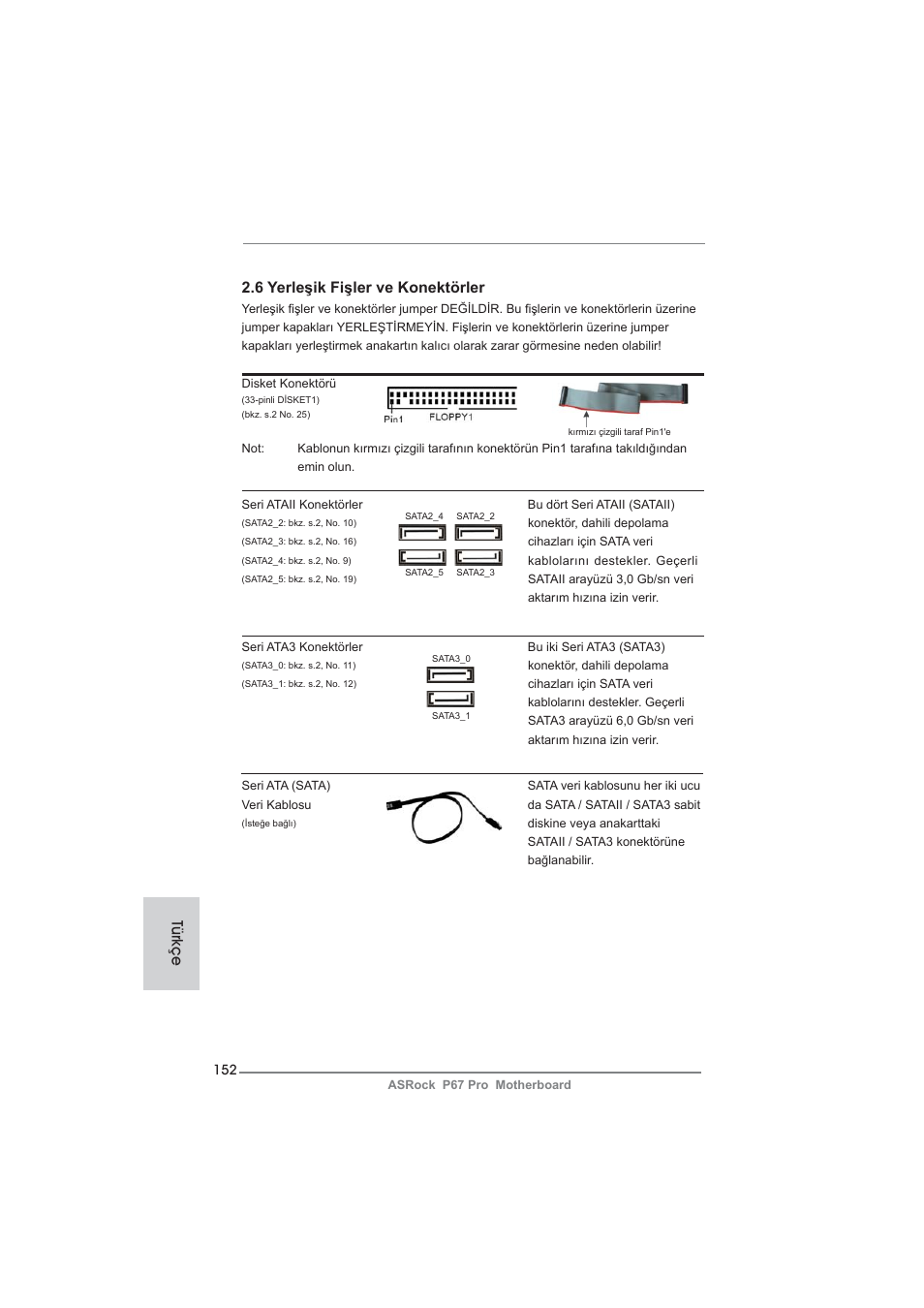 6 yerleşik fişler ve konektörler, Türkçe | ASRock P67 Pro User Manual | Page 152 / 245