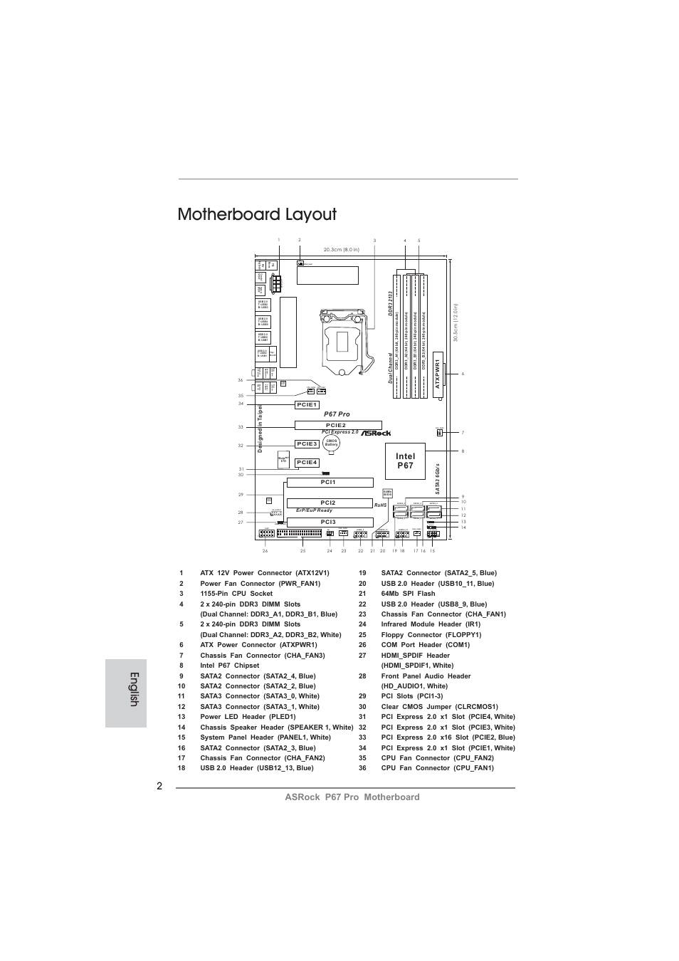Motherboard layout, English, Hdled reset pled pwrbtn panel1 | Speaker1, Pled1, Audio codec, Asrock p67 pro motherboard, Intel p67 | ASRock P67 Pro User Manual | Page 2 / 245