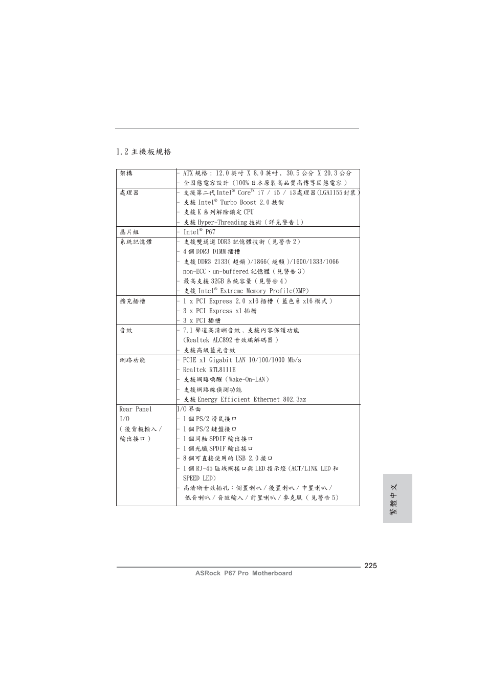 繁體中文 1.2 主機板規格 | ASRock P67 Pro User Manual | Page 225 / 245