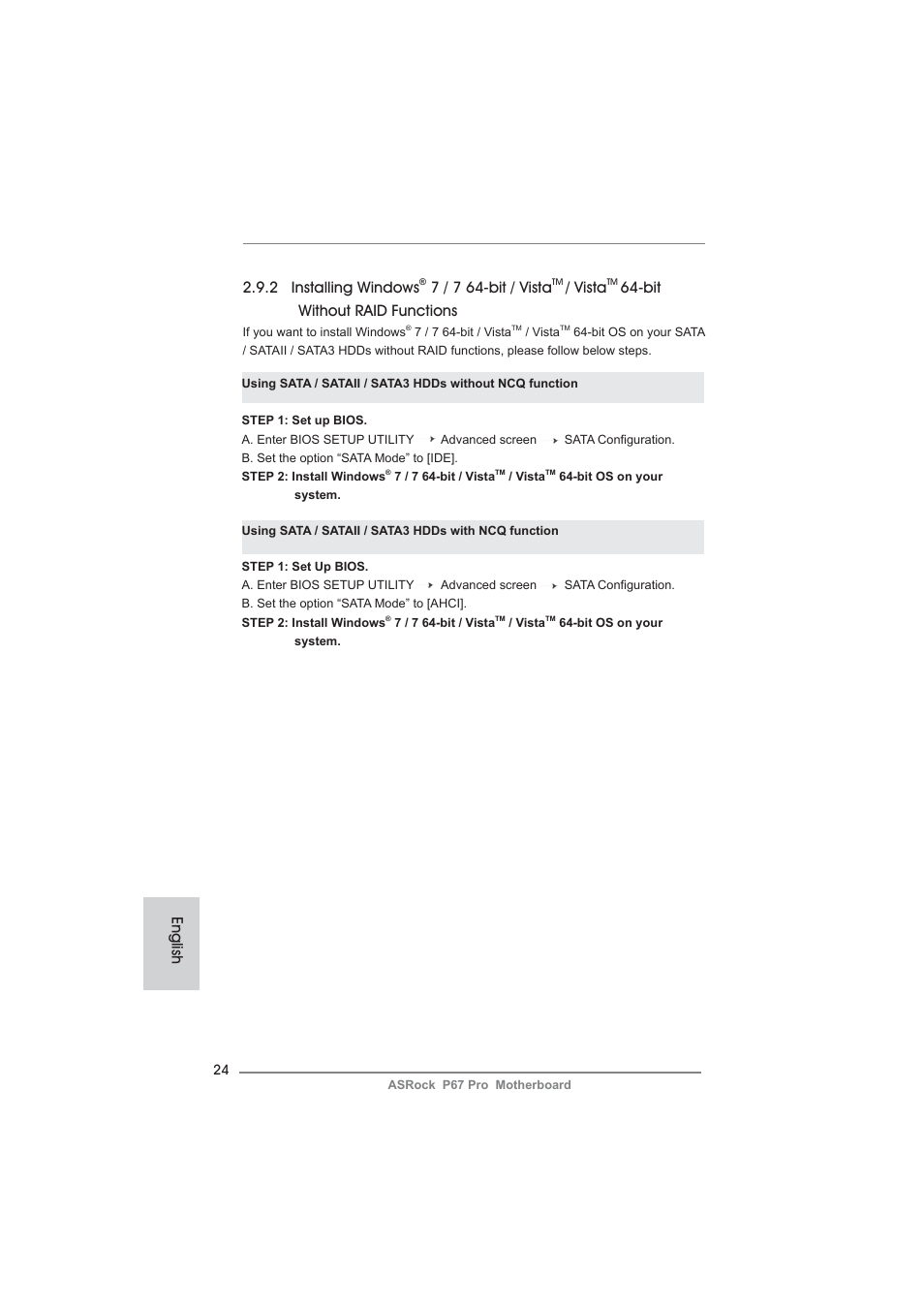 2 installing windows, 7 / 7 64-bit / vista, Vista | Bit without raid functions, English | ASRock P67 Pro User Manual | Page 24 / 245