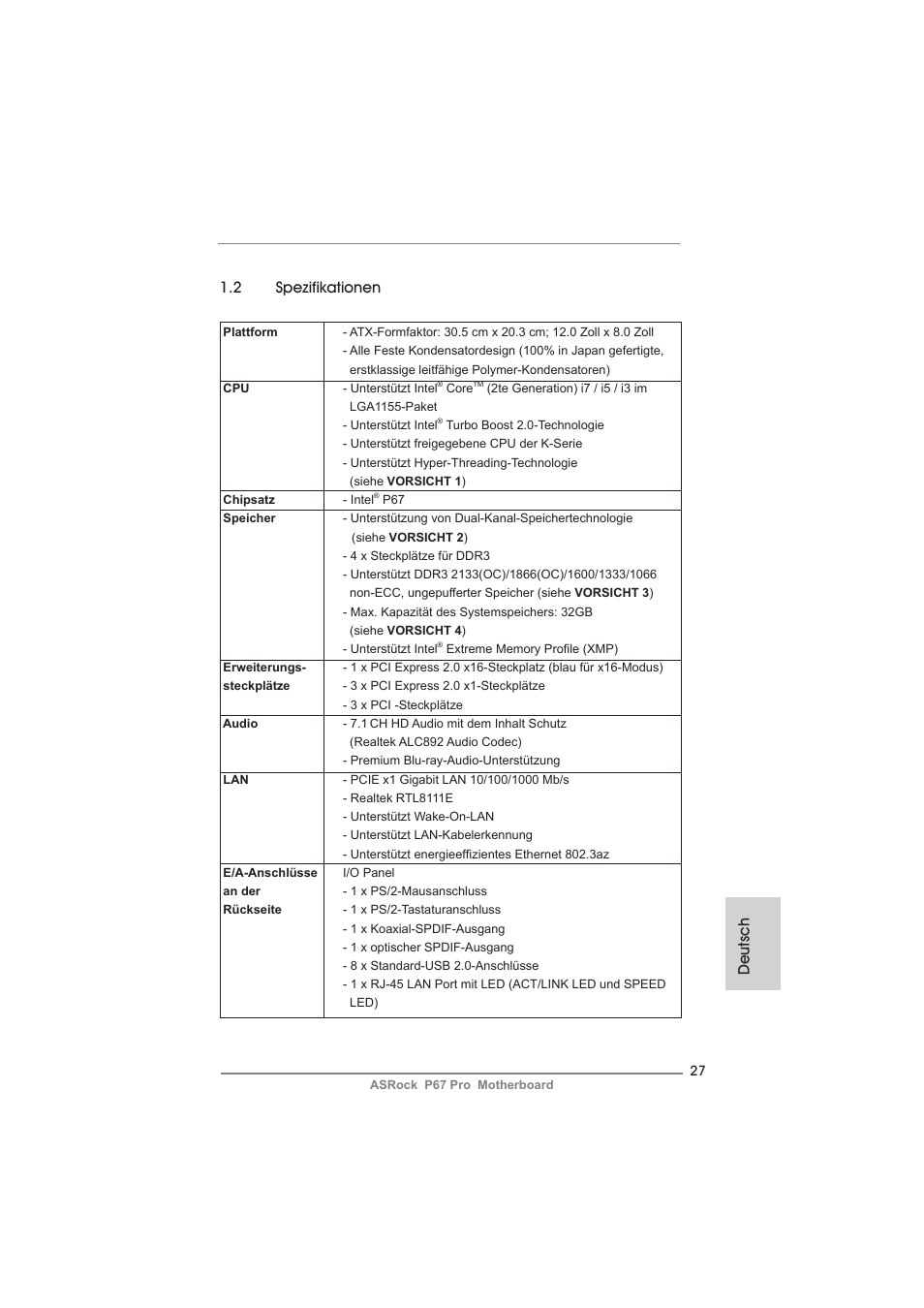 2 spezifikationen, Deutsch | ASRock P67 Pro User Manual | Page 27 / 245