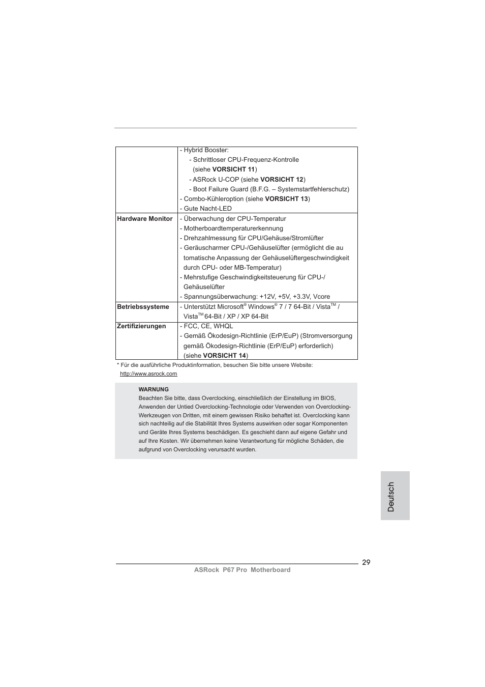 Deutsch | ASRock P67 Pro User Manual | Page 29 / 245