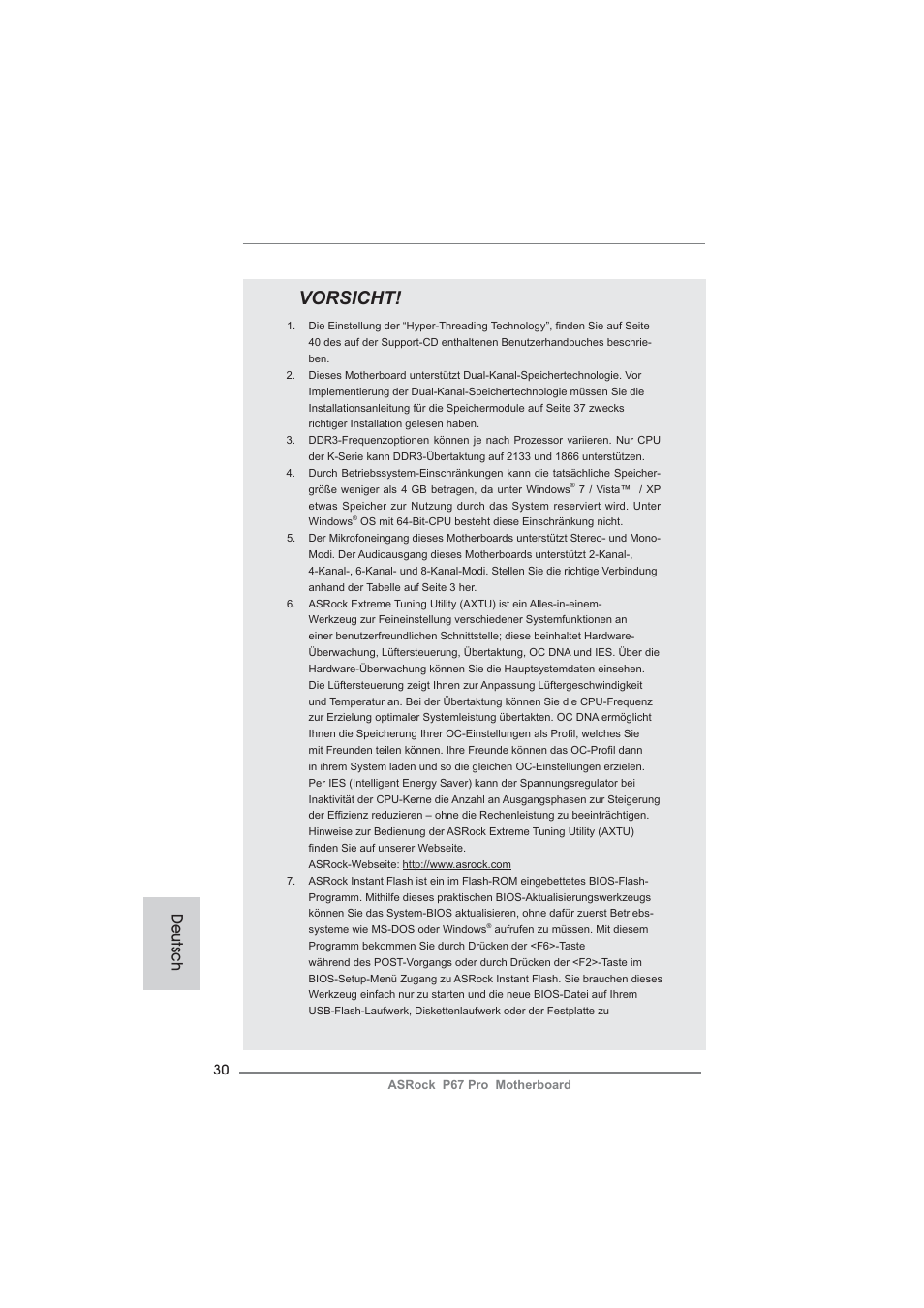 Vorsicht, Deutsch | ASRock P67 Pro User Manual | Page 30 / 245