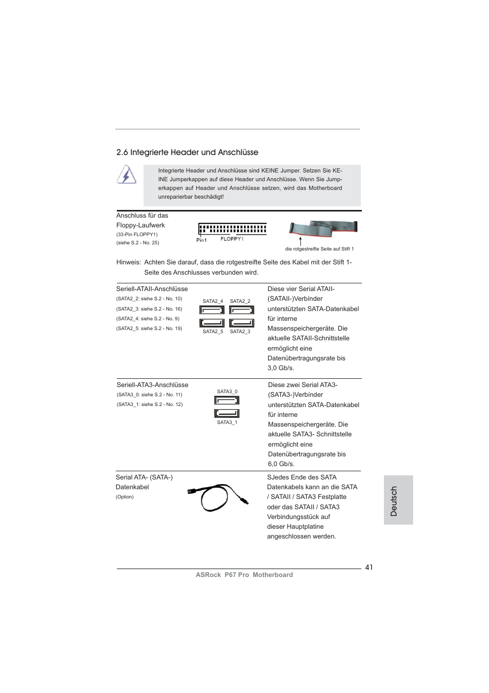 Deutsch, 6 integrierte header und anschlüsse | ASRock P67 Pro User Manual | Page 41 / 245