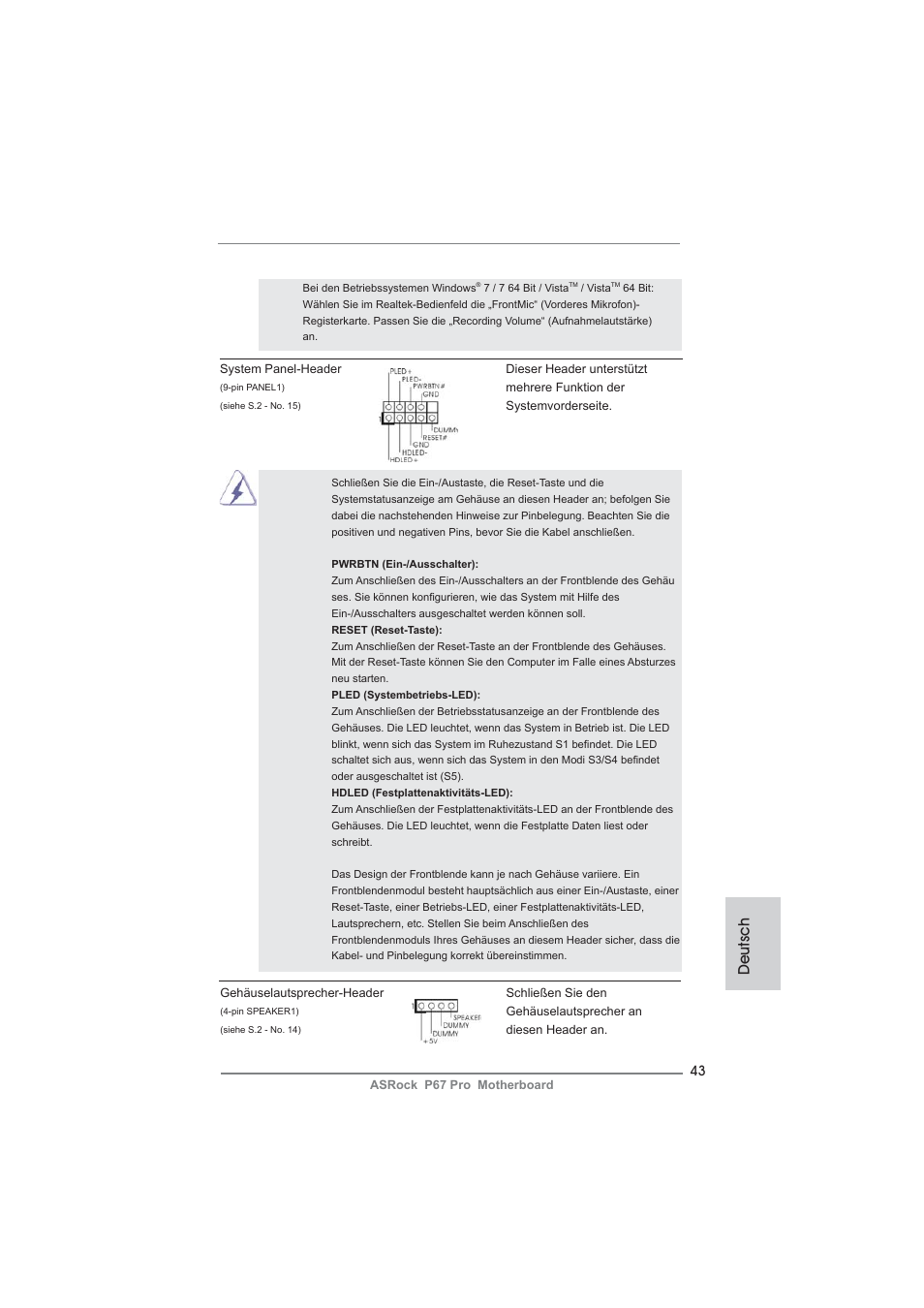 Deutsch | ASRock P67 Pro User Manual | Page 43 / 245
