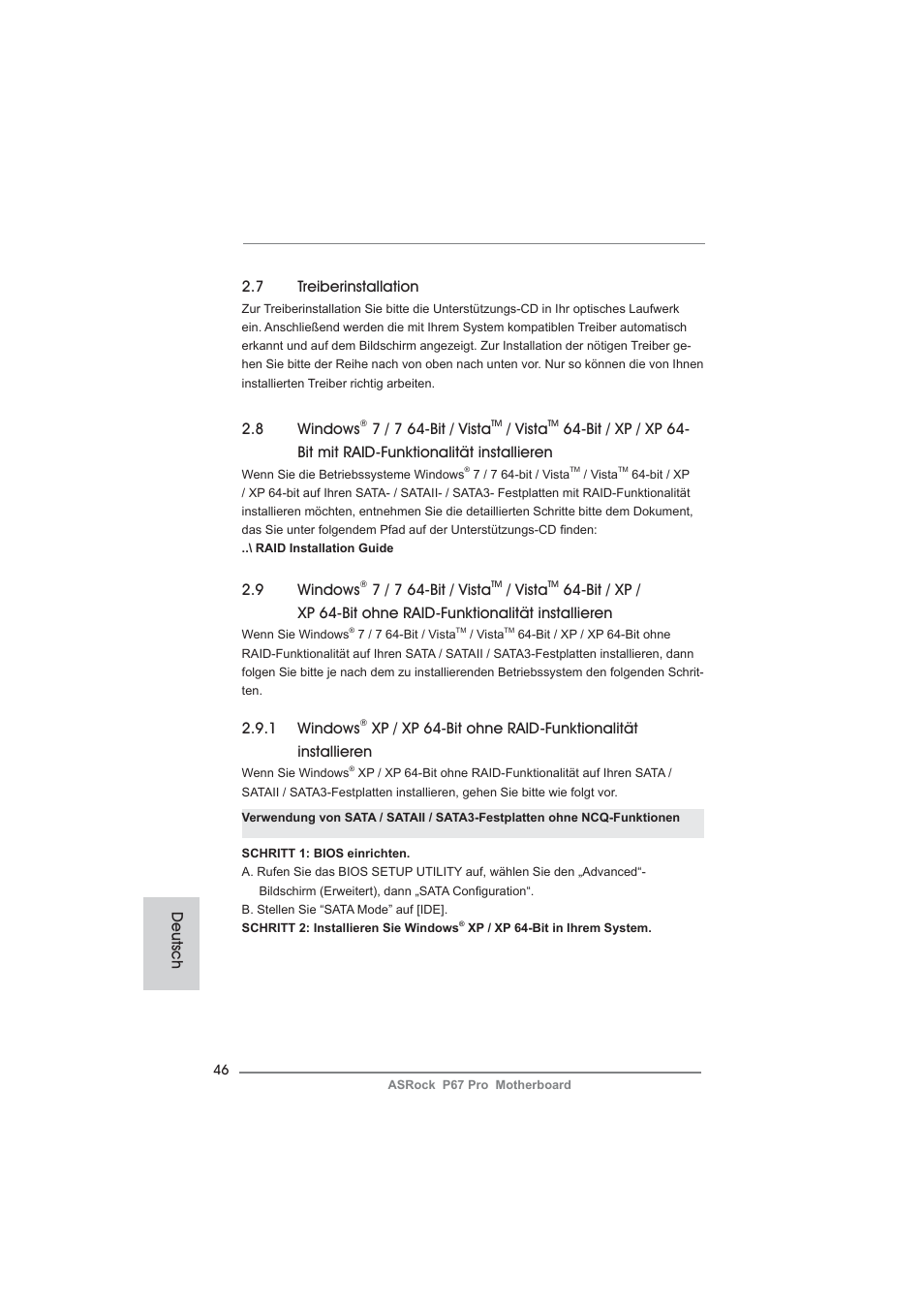 7 treiberinstallation, 9 windows, 7 / 7 64-bit / vista | Vista, 1 windows, 8 windows, Deutsch | ASRock P67 Pro User Manual | Page 46 / 245