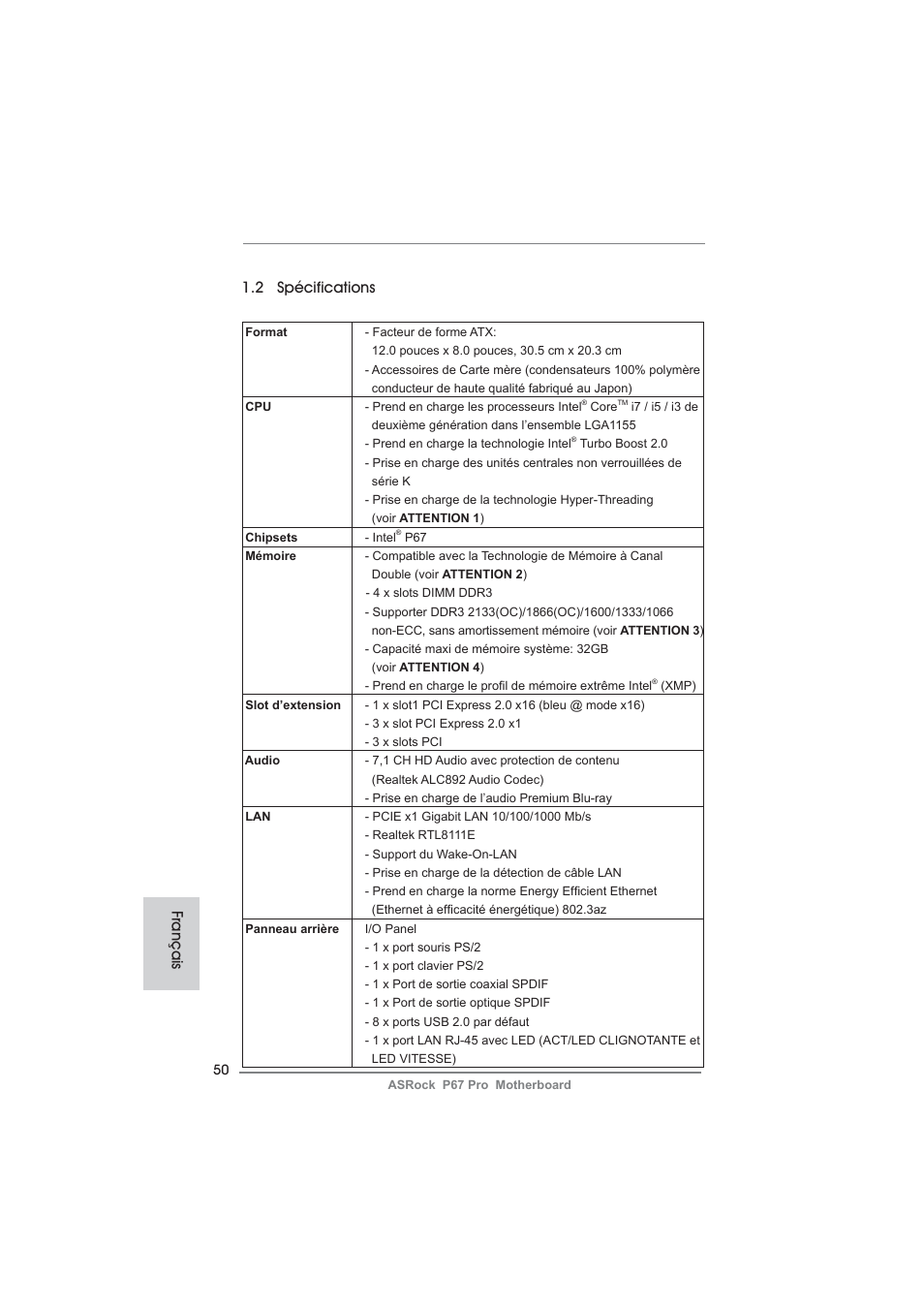 2 spécifications, Français | ASRock P67 Pro User Manual | Page 50 / 245